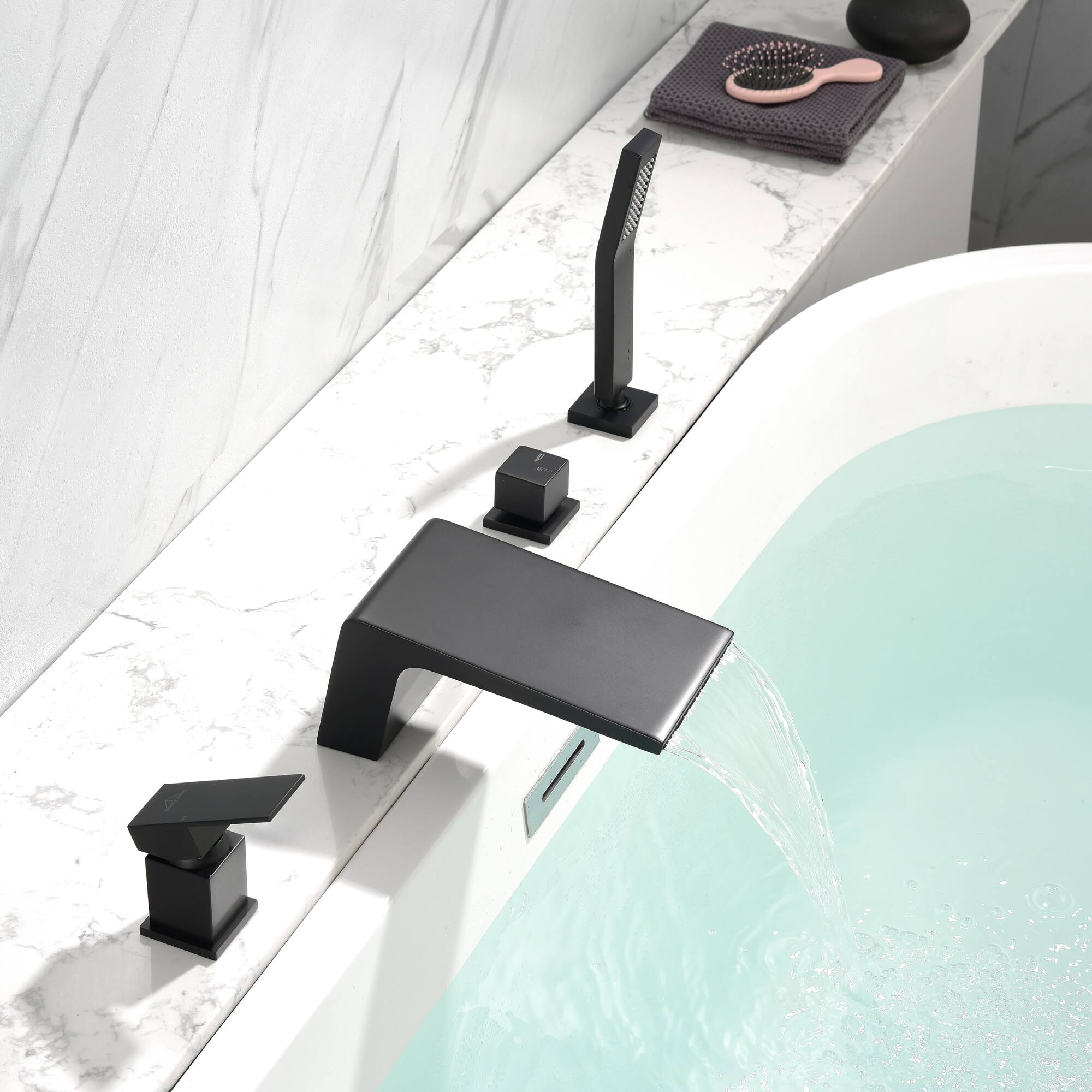 Left. Boyel Living - Single-Handle Tub Deck Mount Roman Tub Faucet with Hand Shower and Water Suply Hose in Matte Black - Matte Black.