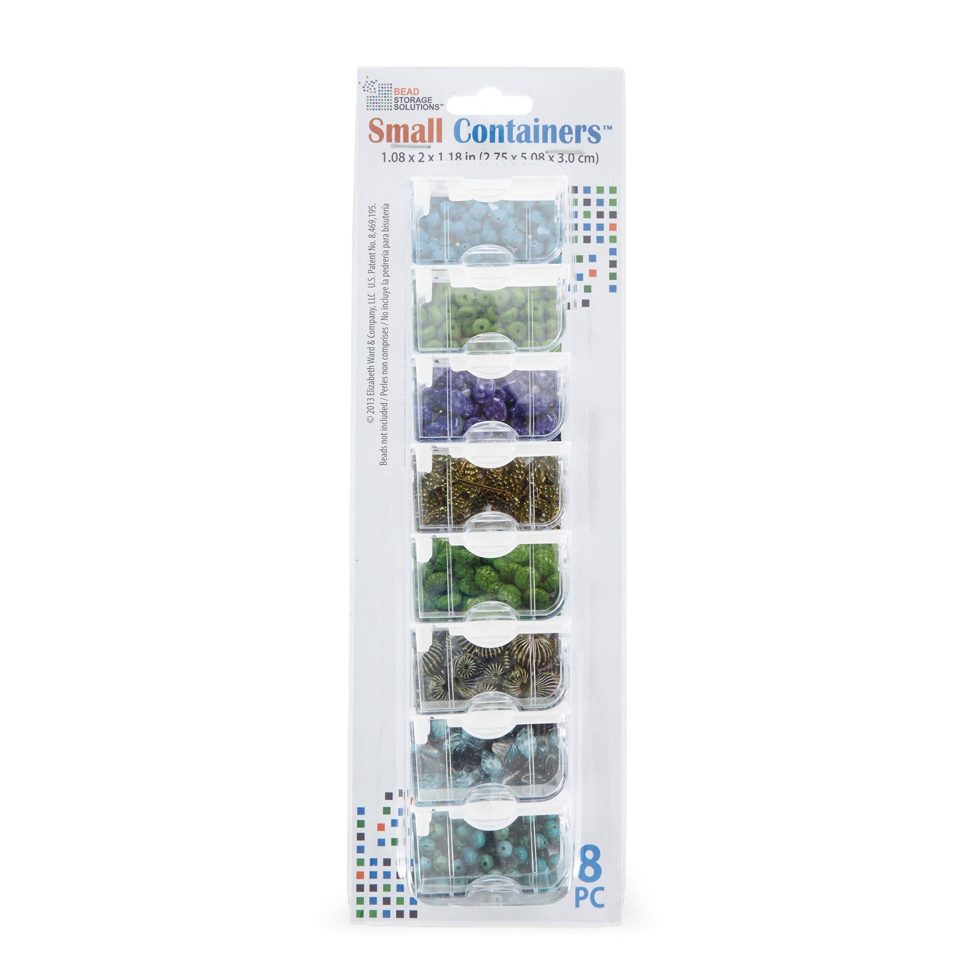 READ STORAGE SOLUTIONS  
Small Containers  
1.08 x 2 x 1.18 in (7.5 x 5.08 x 3.0 cm)  

8 PC  

© 2018 Bead & Craft & Bead Storage Solutions  
Beads Included: 1/16" (1.6 mm) Bead Storage Containers  

Made in China  
Patent Pending U.S. Patent No. 8,991,995