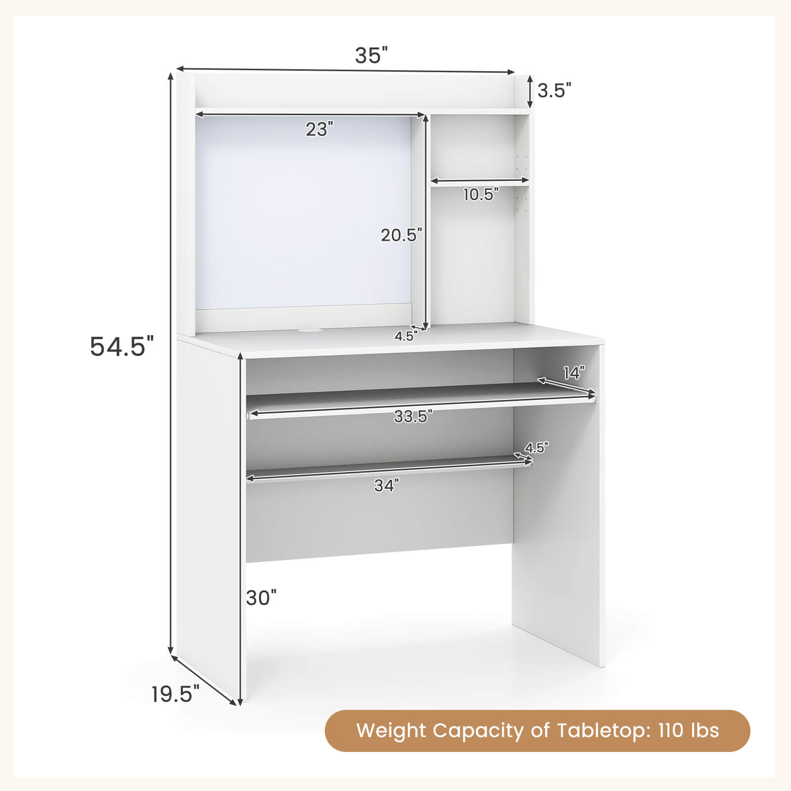 The image shows a white table with a weight capacity of 110 lbs. The table is designed to hold a variety of items, including a shelf, a cabinet, and a tabletop. The table is made of metal and has dimensions of 35" x 3.5" x 23" x 10.5" x 20.5" x 54.5" x 4.5" x 34" x 30" x 19.5". The table is intended for use in various settings, such as a home, office, or commercial space.
