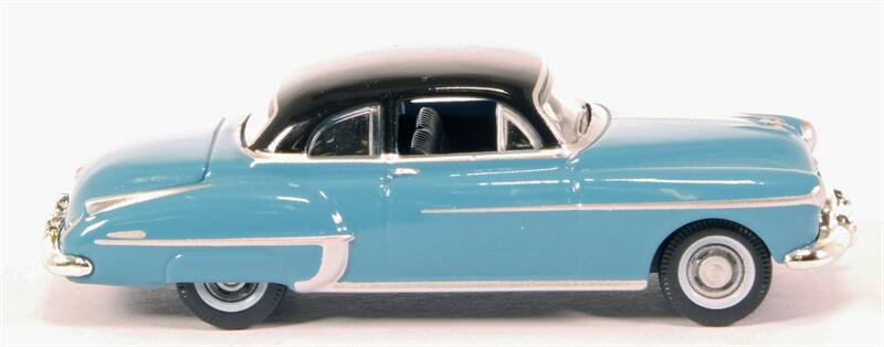 Angle. Oxford Diecast - 1950 Oldsmobile Rocket 88 Coupe Crest Blue with Black Top 1/87 (HO) Scale Diecast Model Car by Oxford Diecast - Blue With Black.