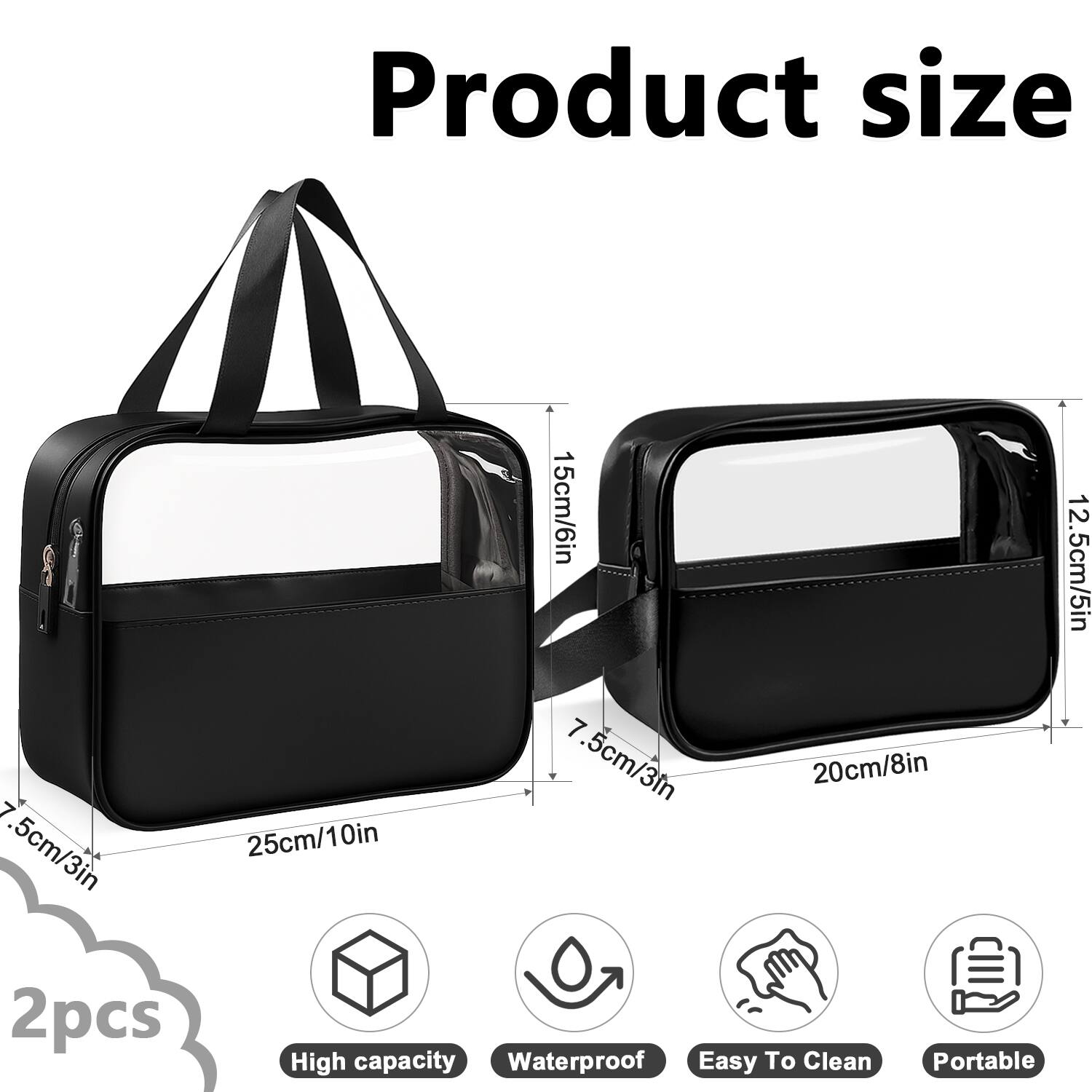 Product size

7.5cm/3in  
25cm/10in  
15cm/6in  
7.5cm/3in  
20cm/8in  
12.5cm/5in  

2pcs  

High capacity  
Waterproof  
Easy To Clean  
Portable