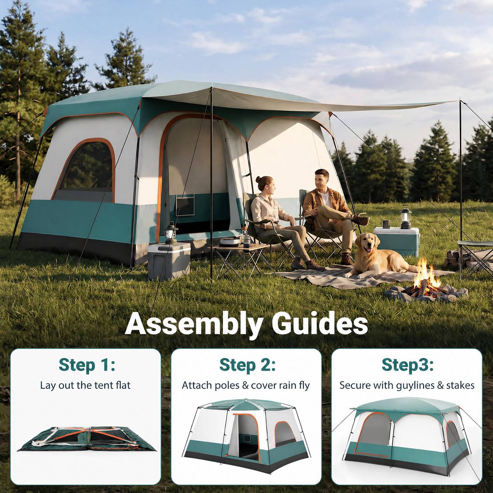 Assembly Guides

Step 1: Lay out the tent flat

Step 2: Attach poles & cover rain fly

Step 3: Secure with guy lines & stakes