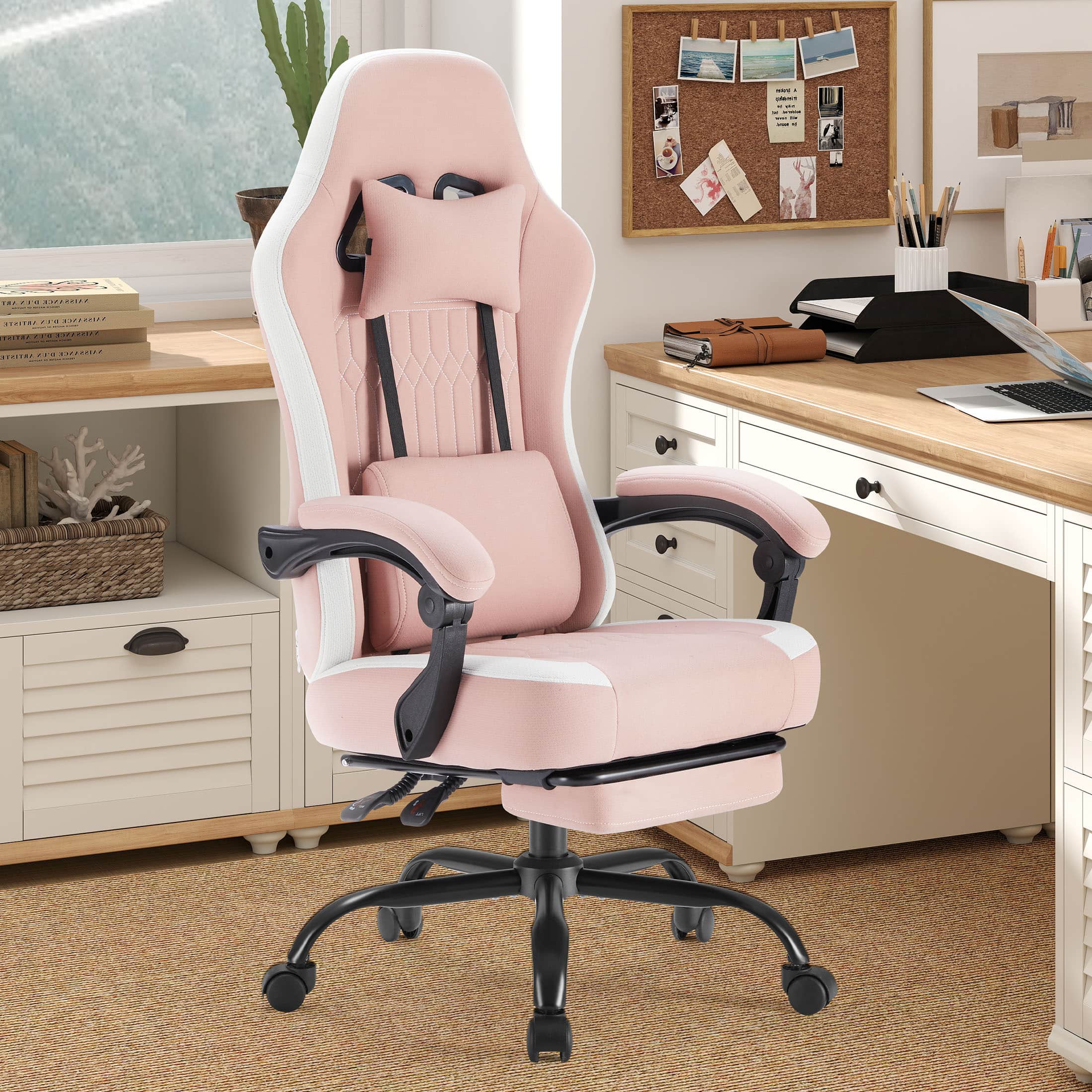 Anysun - Computer Game Chair with Lumbar Support - Adjustable Height, Armrests, Headrest & 360° Rotating Wheels - Pink
