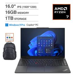 Lenovo - ThinkPad E16 21M6S7YY00 Laptop 16.0 IPS WUXGA (Ryzen 7 7735U, 16GB RAM, 1TB SSD, Win 11 Pro) w/Backpack, Office 365 - Graphite Black