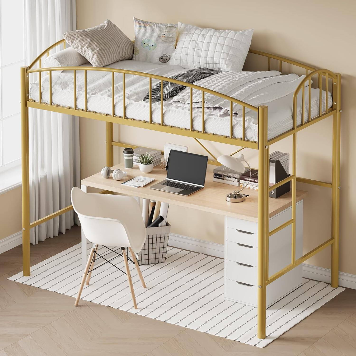 Front. Homhougo - Twin Loft Bed, Gold, Heavy Duty Metal Frame, Arched Guardrail, Safety Ladder - Gold Twin.