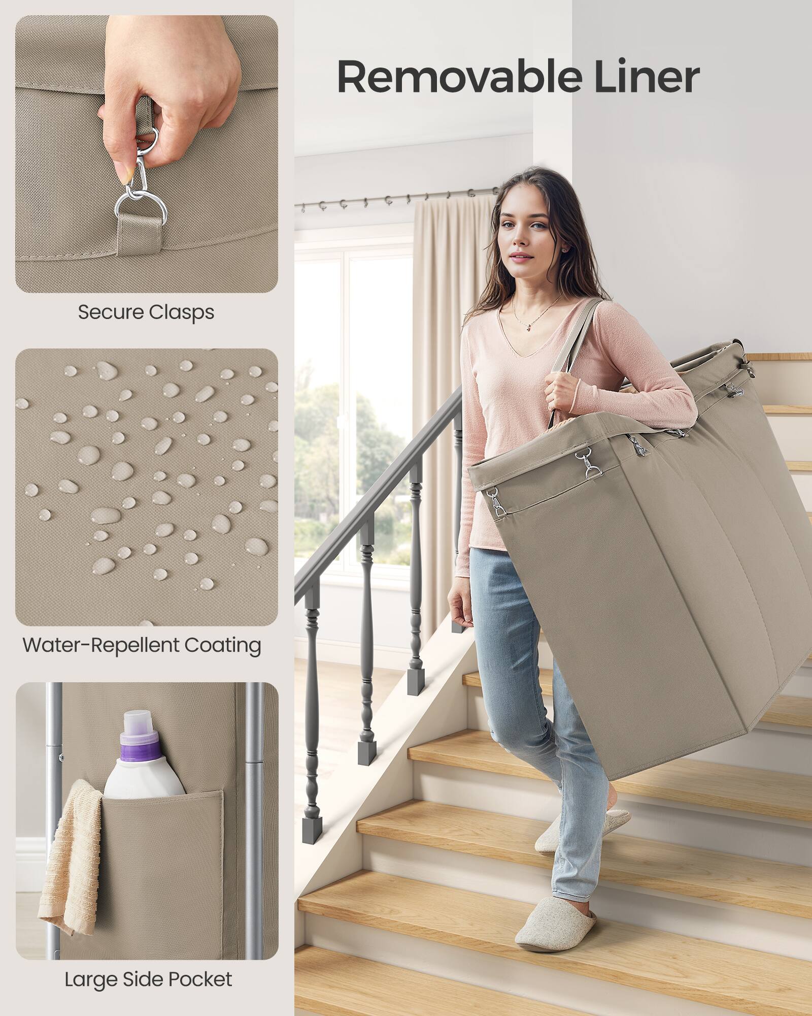 Removable Liner  
Secure Clasps  
Water-Repellent Coating  
Large Side Pocket