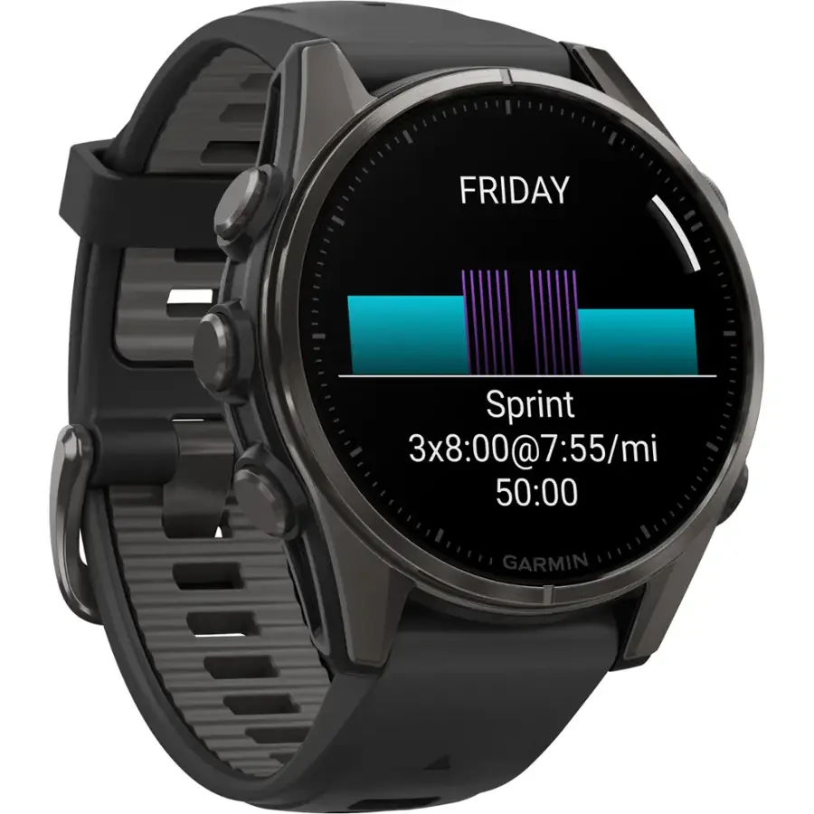 The text on the image reads: "Friday Sprint 3x8:00@7:55/mi 50:00 Garmin." This text is grouped and corrected as follows:

"Friday Sprint 3x8:00@7:55/mi 50:00 Garmin."

The text is a description of a workout or exercise plan for Friday, which involves a sprint workout. The sprint is set to be performed at a pace of 3 minutes and 55 seconds per mile, with a total distance of 50 miles. The watch or device displaying this information is made by Garmin.