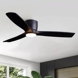 Siljoy - 52 Inch Low Profile Flush Mount Ceiling Fan With LED Light 3 Solid Wood Blades For Bedroom Living Room - Matte Black