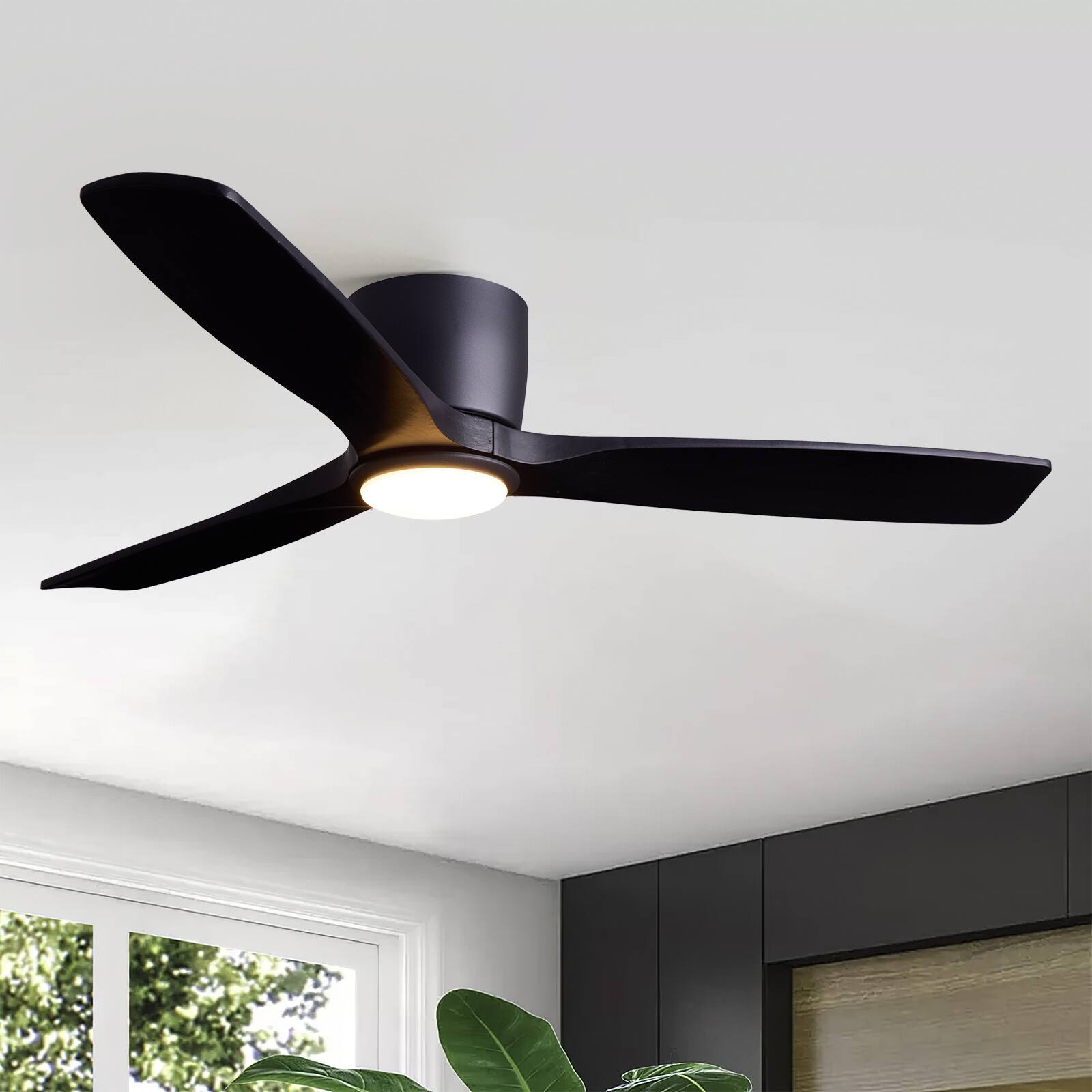 Siljoy - 52 Inch Low Profile Flush Mount Ceiling Fan With LED Light 3 Solid Wood Blades For Bedroom Living Room - Matte Black