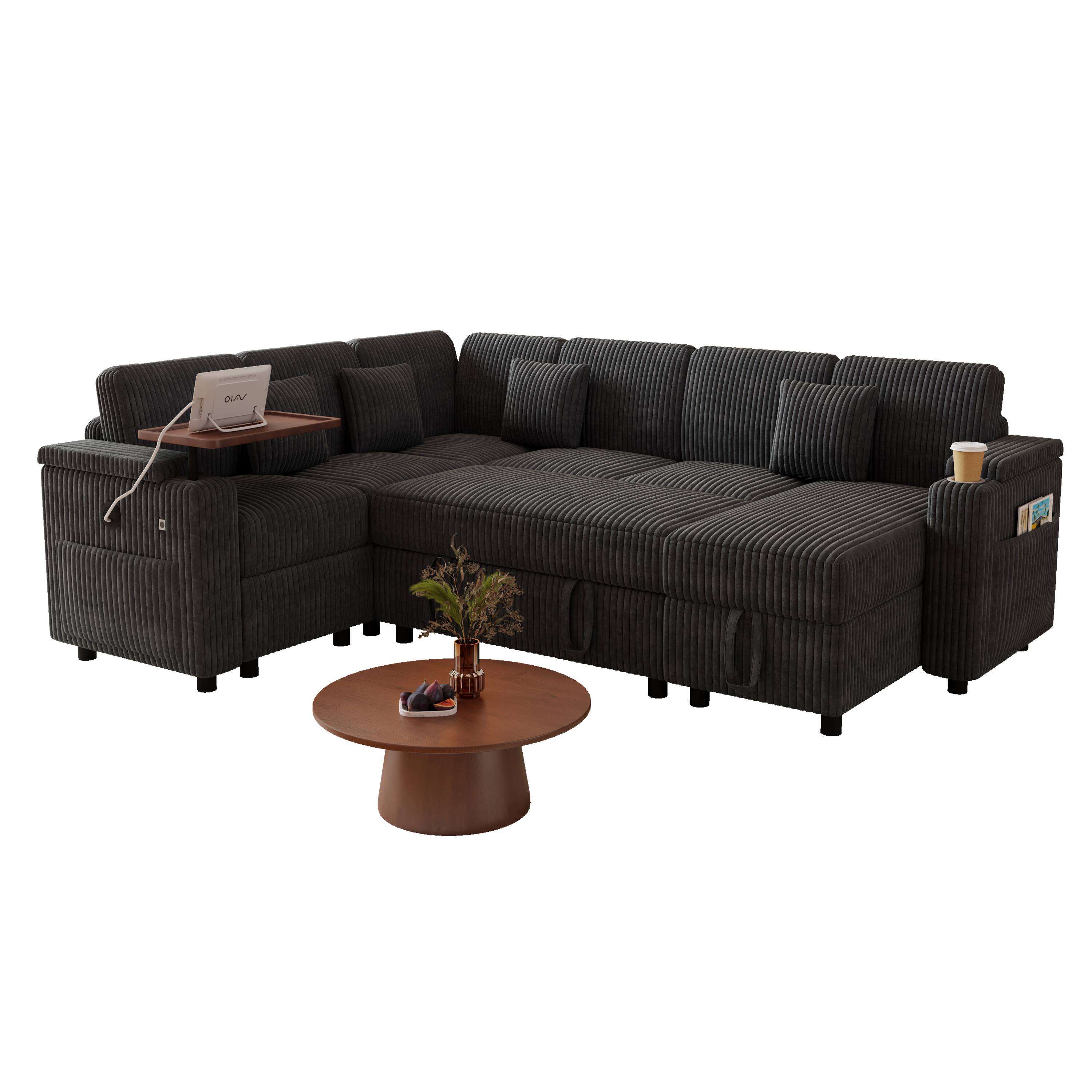 Back. Anysun - 100" Pull-Out Sofa Bed w/ USB, Table Board & Cup Holder, Corduroy Fabric, U-Shape Combo, Storage Lounge - Dark Grey.