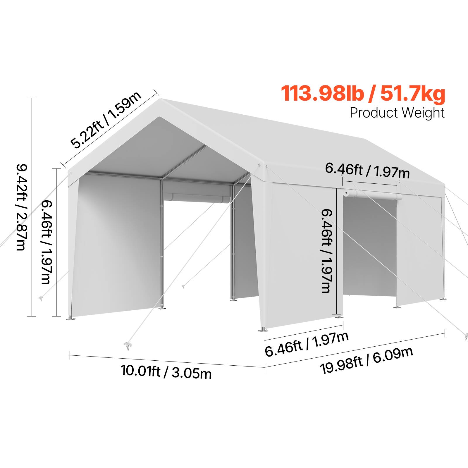 9.42ft / 2.87m, 5.22ft/1.59m, 6.46ft / 1.97m, 10.01ft/ 3.05m, 113.98lb / 51.7kg, 19.98ft / 6.09m