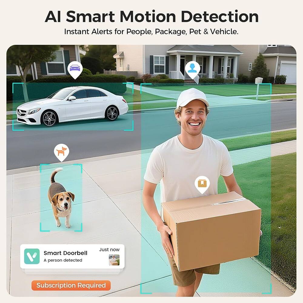 AI Smart Motion Detection  
Instant Alerts for People, Package, Pet & Vehicle.

Smart Doorbell  
A person detected  
Just now

Subscription Required