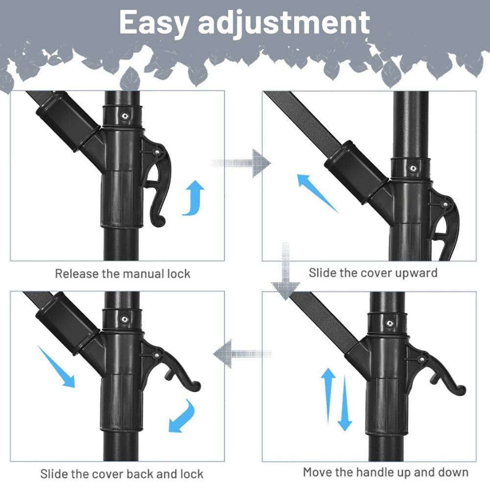 Easy adjustment

1. Release the manual lock
2. Slide the cover upward
3. Slide the cover back and lock
4. Move the handle up and down