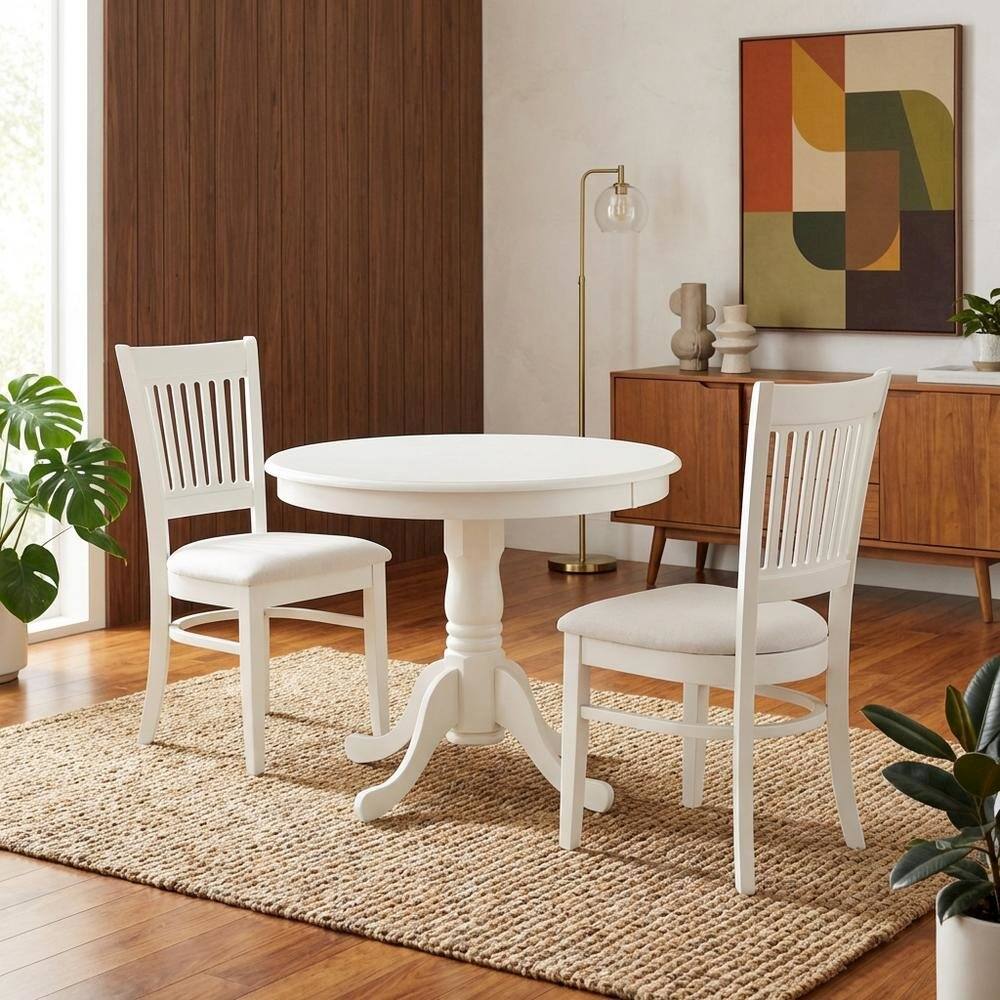 Alt View 4. FurniFact - White Solid Wood Dining Table for 2 with Chairs - Linen White.