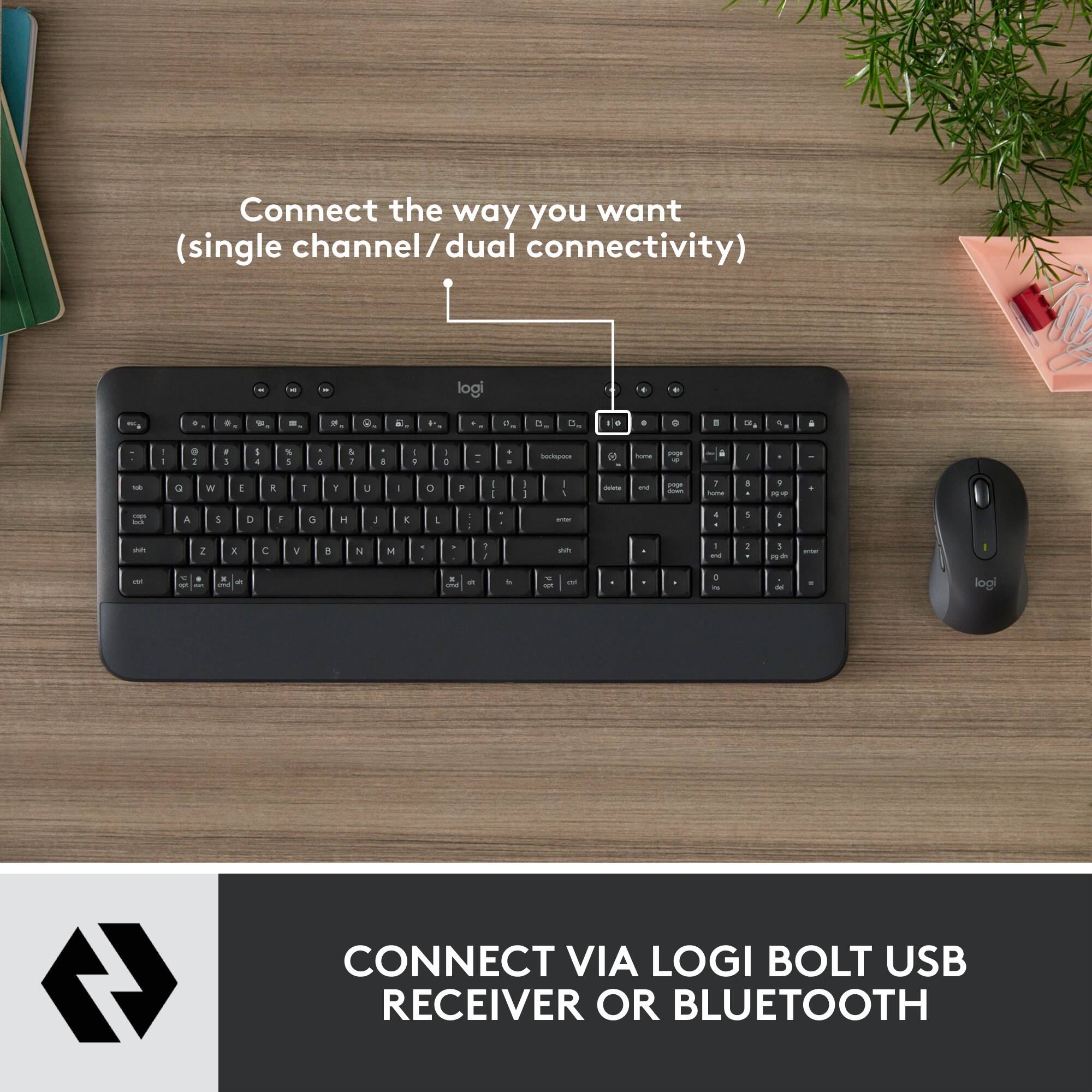 Connect the way you want (single channel/dual connectivity) - Logi Bolt USB receiver or Bluetooth.