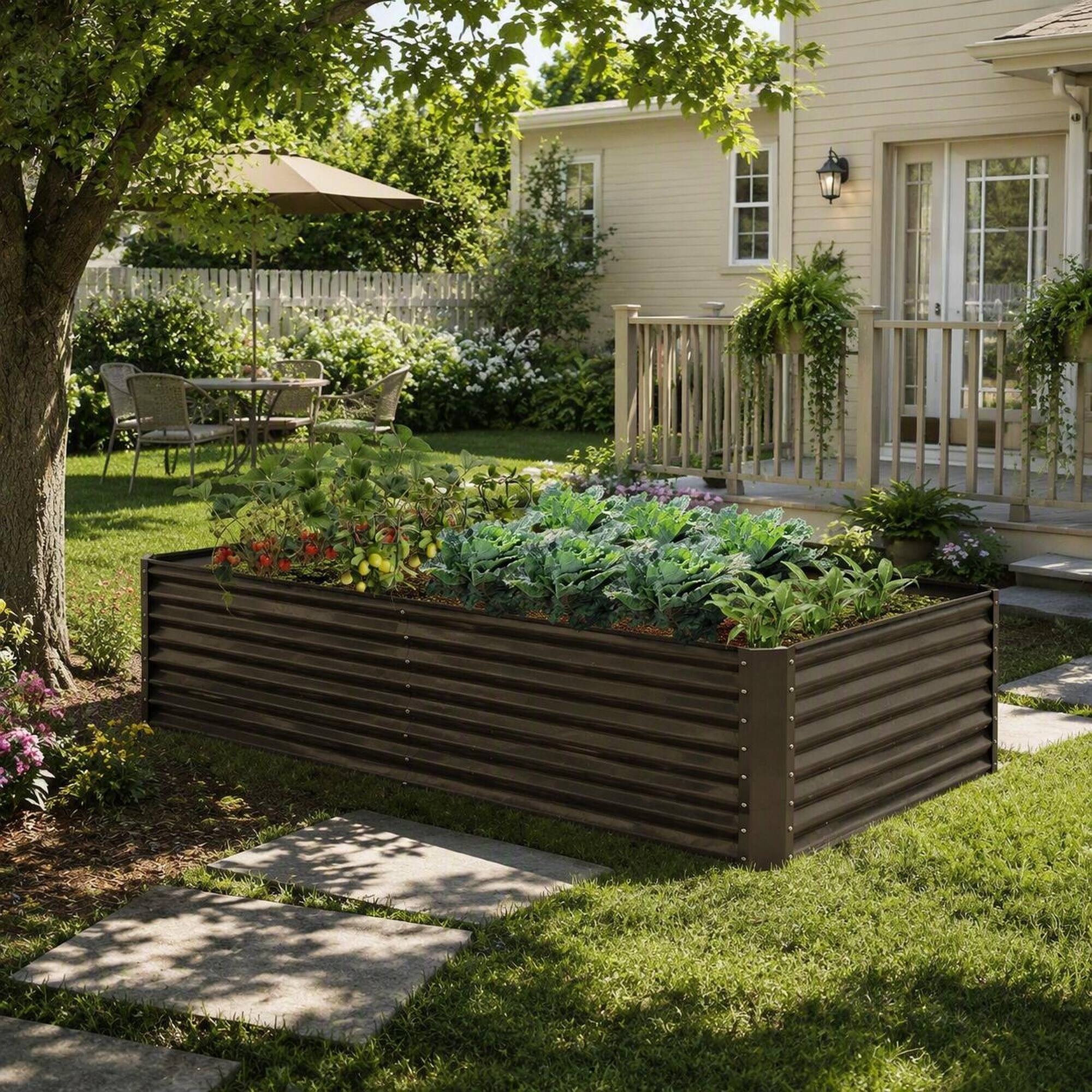 Alt View 2. RYHNUYNE - Galvanized Raised Garden Bed 8x4x2 ft Outdoor Metal Planter Box for Vegetables Flowers and Herbs with Open Base - Brown.