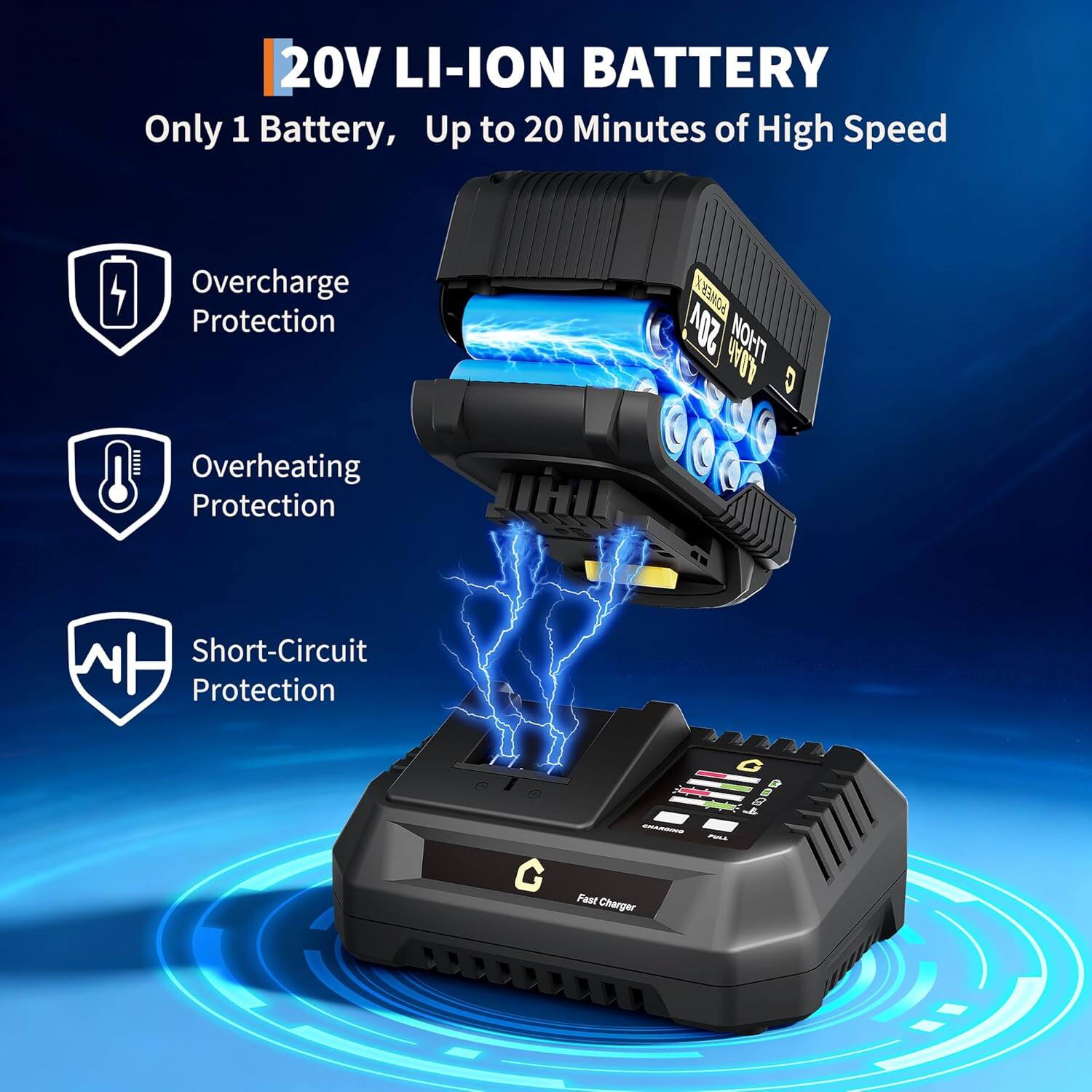 20V LI-ION BATTERY  
Only 1 Battery, Up to 20 Minutes of High Speed  

- Overcharge Protection  
- Overheating Protection  
- Short-Circuit Protection  

Fast Charger