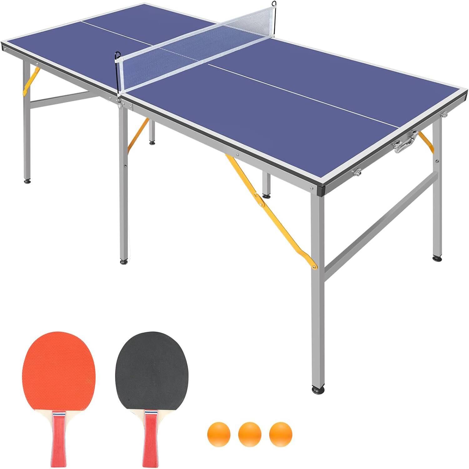 Front. APRILSOUL - 6FT Mid-Size Blue Foldable Portable Ping Pong Table Indoor Outdoor Game Set with Net 2 Paddles 3 Balls - Blue.