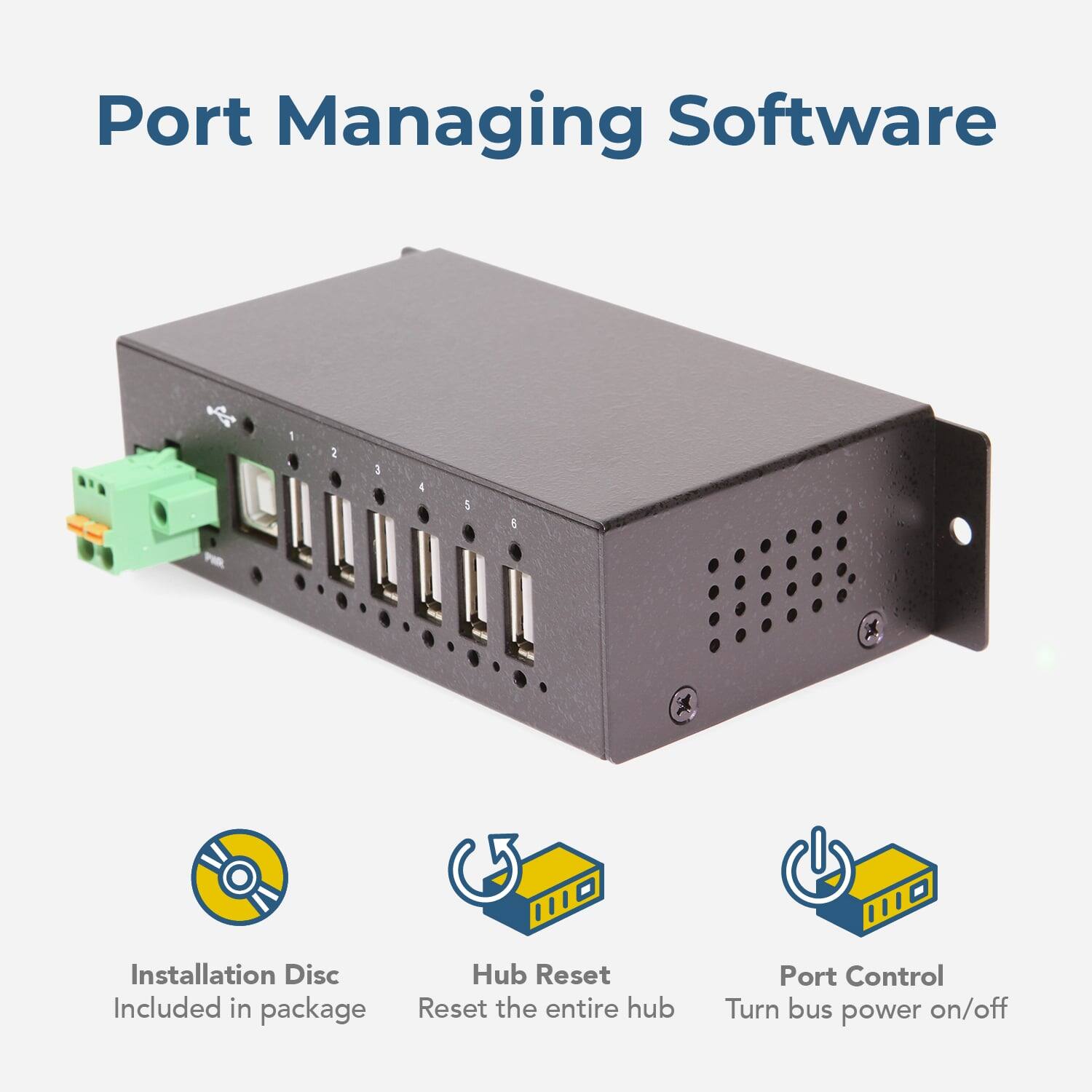 Port Managing Software

- Installation Disc
  - Included in package

- Hub Reset
  - Reset the entire hub

- Port Control
  - Turn bus power on/off