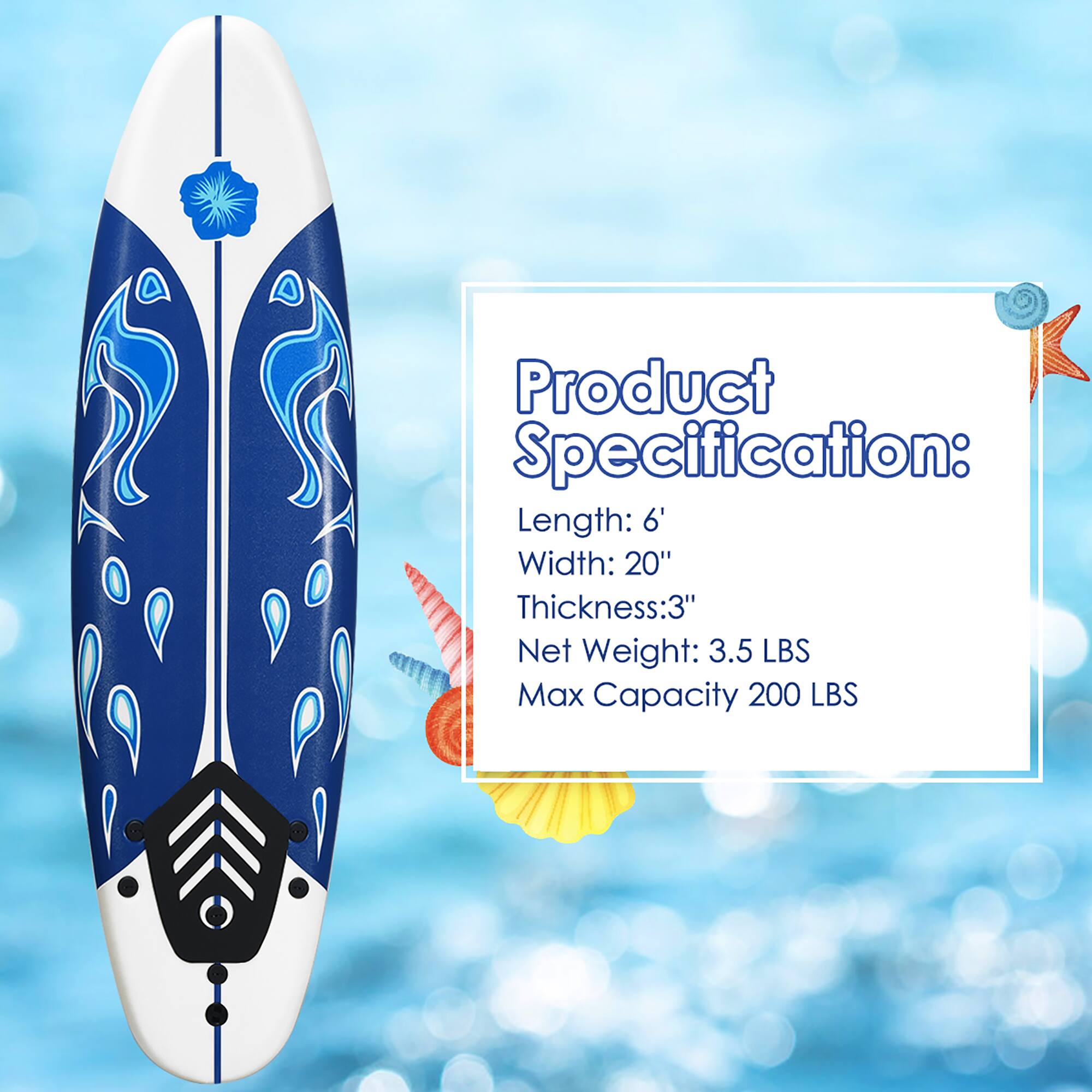 Product Specification:  
Length: 6'  
Width: 20"  
Thickness: 3"  
Net Weight: 3.5 LBS  
Max Capacity: 200 LBS