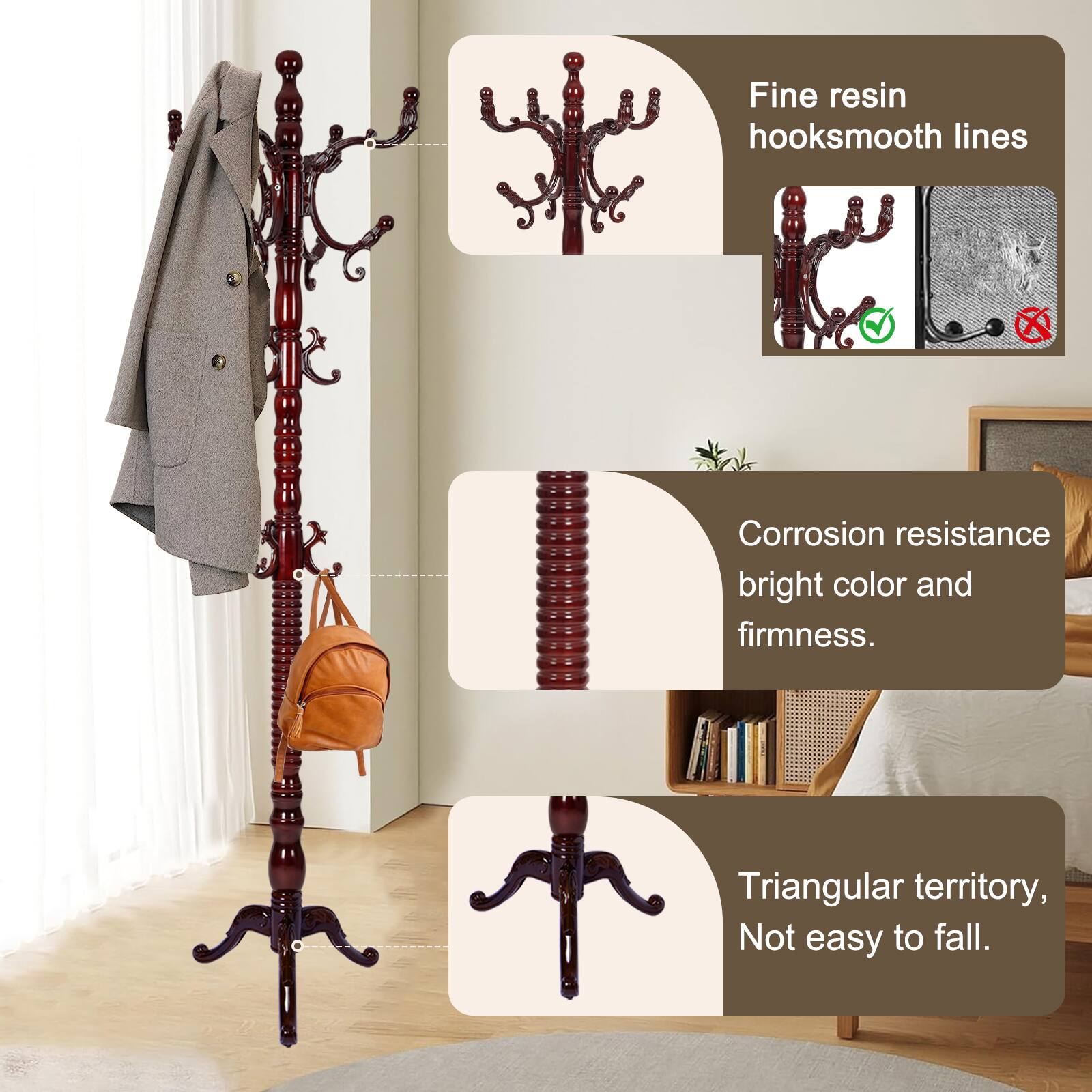 Alt View 3. Chateau Abodes - Solid Wood Coat Rack, Free Standing Hall Coat Tree with 14Hooks, 3 Height Options, 300lbs Load, Stury Base - Rosewood - Tri-legged.