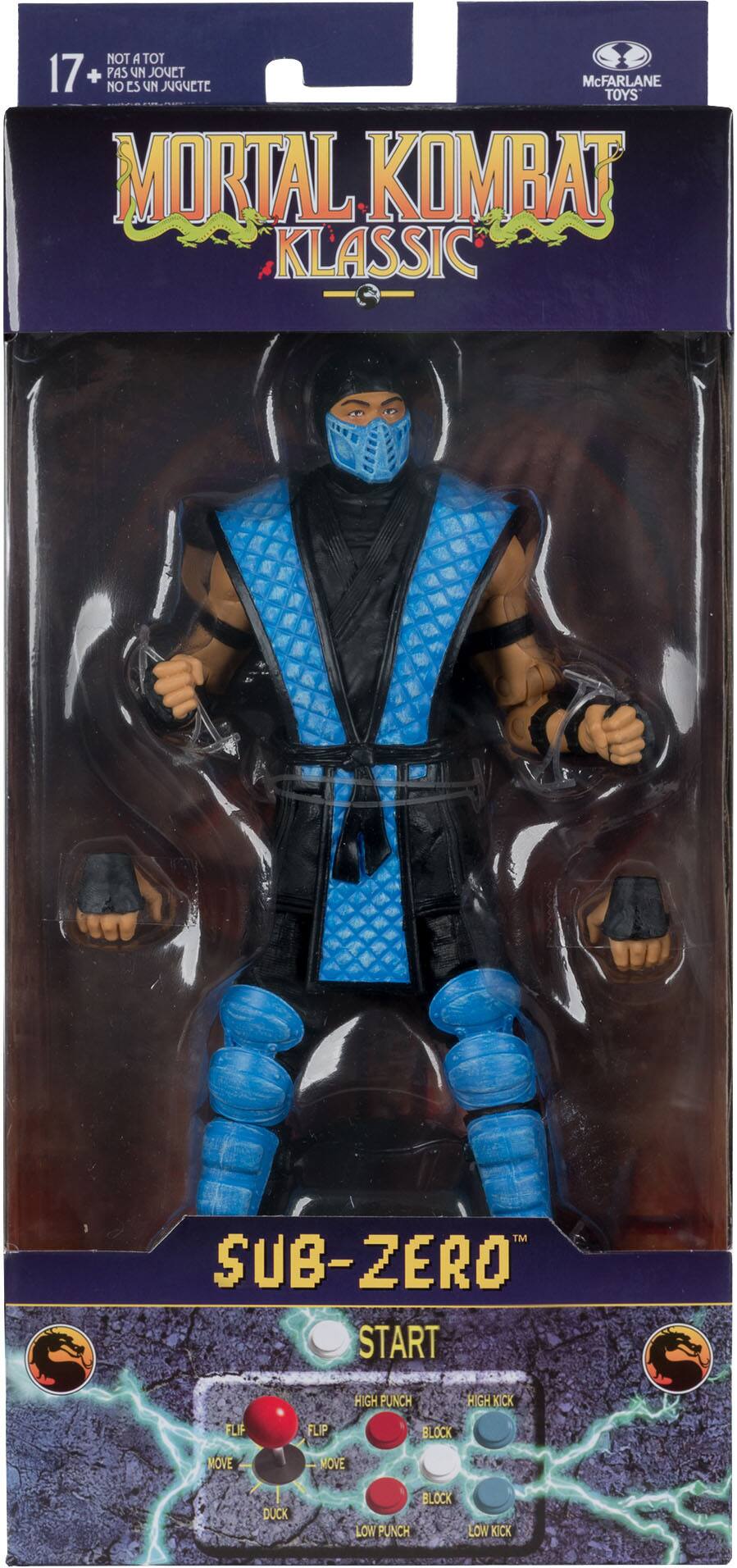 NOT A TOY 17+ NO ES UN JUGUETE McFARLANE TOYS MORTAL KOMBAT KLASSIC TM SUB-ZERO START HIGH PUNCH HIGH KICK FLIP FLIP MOVE MOVE DUCK BLOCK LOW PUNCH LOW KICK