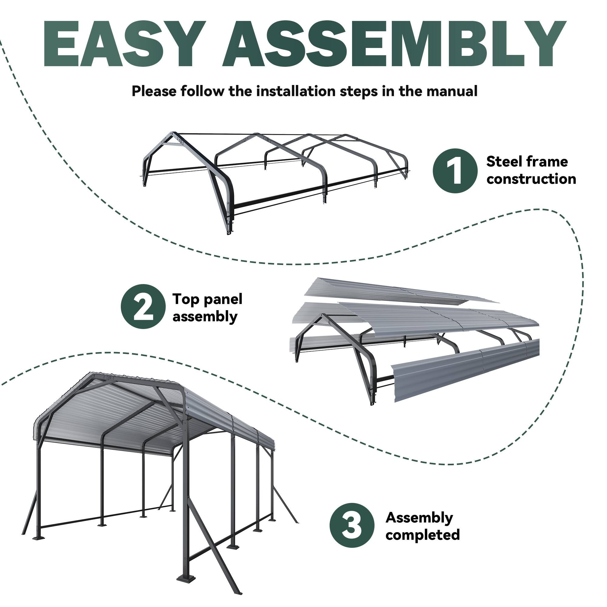 EASY ASSEMBLY  
Please follow the installation steps in the manual  
1. Steel frame construction  
2. Top panel assembly  
3. Assembly completed