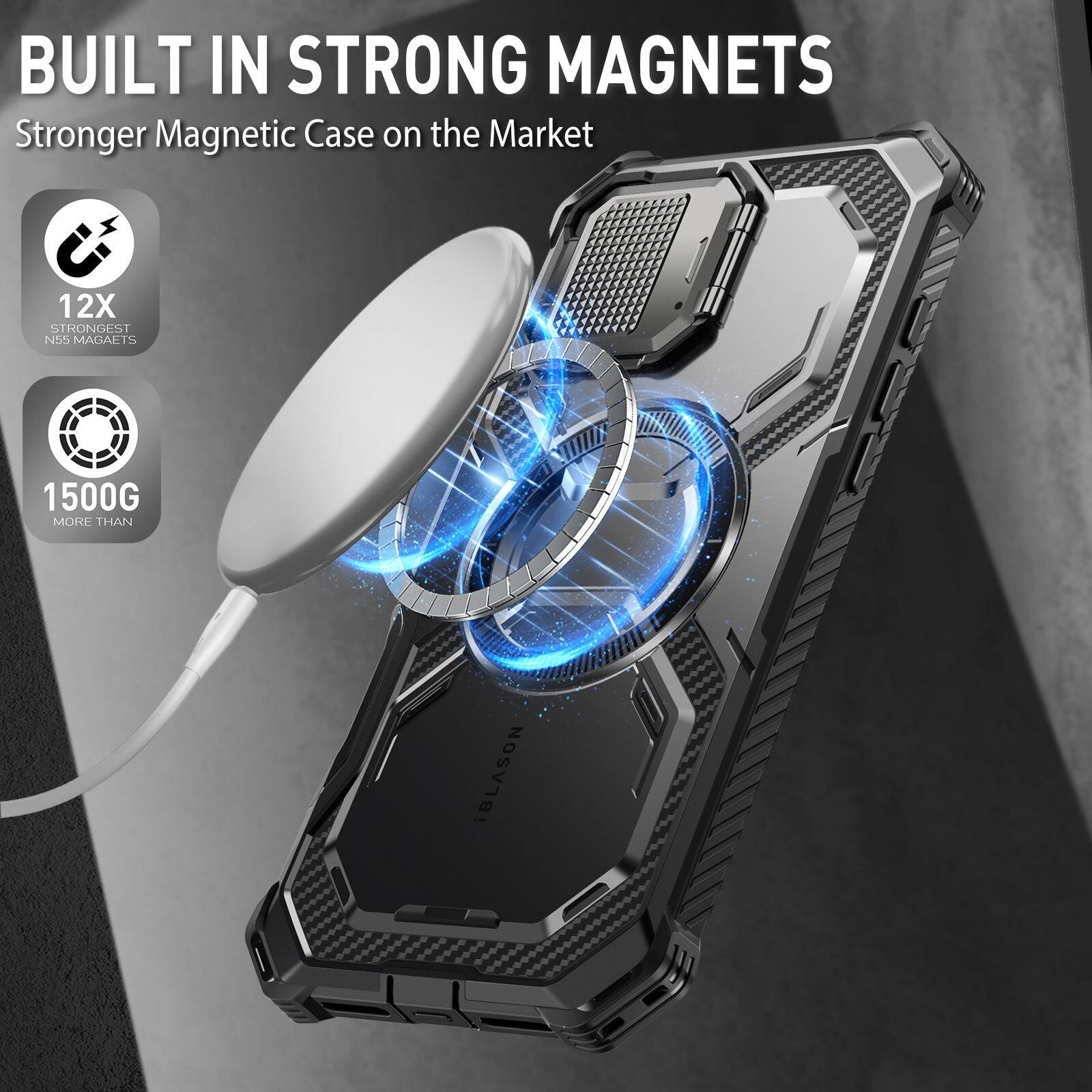 BUILT IN STRONG MAGNETS  
Stronger Magnetic Case on the Market  

12X STRONGEST N55 MAGNETS  
1500G MORE THAN IBLASON