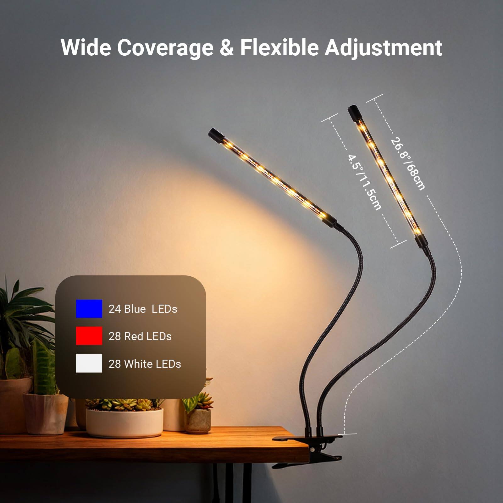 Wide Coverage & Flexible Adjustment

26.8" / 68cm  
4.5" / 11.5cm  

24 Blue LEDs  
28 Red LEDs  
28 White LEDs