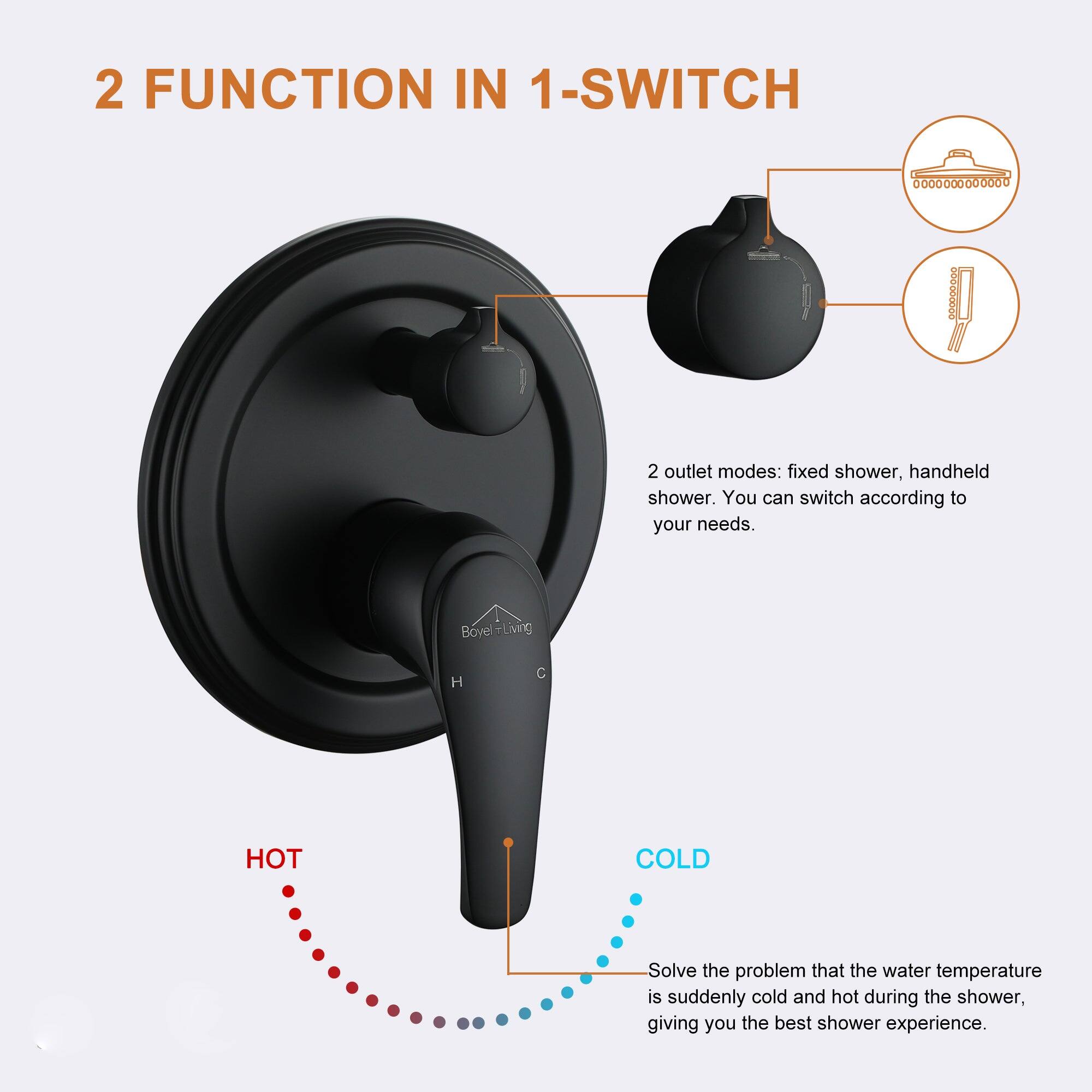 2 FUNCTION IN 1-SWITCH

2 outlet modes: fixed shower, handheld shower. You can switch according to your needs.

Bovel Living H C

HOT COLD

Solve the problem that the water temperature is suddenly cold and hot during the shower, giving you the best shower experience.