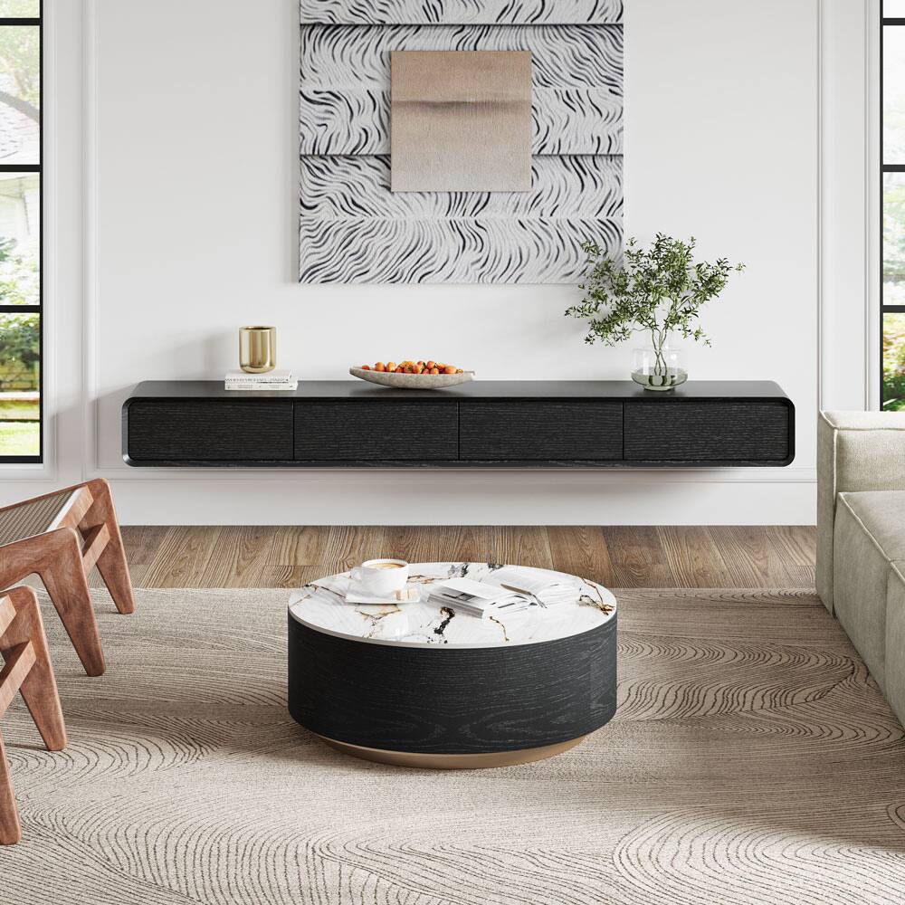 Alt View 1. POVISON - 39" Wood Modern Round Drum Sintered Stone Coffee Table with 2 Drawers Fully Assembled, Black & White - White & Black.