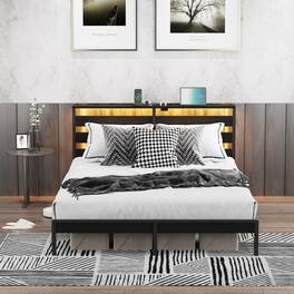 LUCKY ONE - Full Size Metal Platform Bed Frame with USB LINER, LED Lights - Black