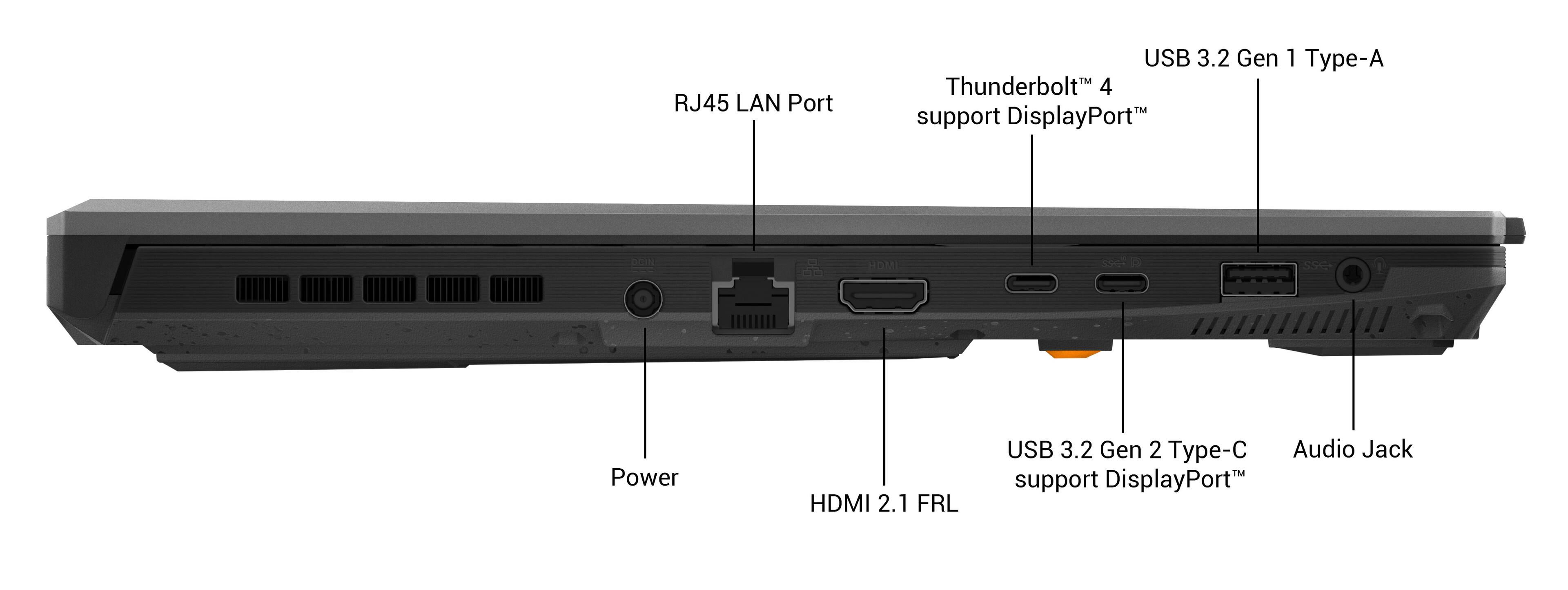 The image shows a laptop with a diagram of its components, including a USB 3.2 Gen 1 Type-A port, a USB 3.2 Gen 2 Type-C port, a Thunderbolt 4 port, an HDMI 2.1 port, and a power port. The laptop also has a display port and an audio jack.