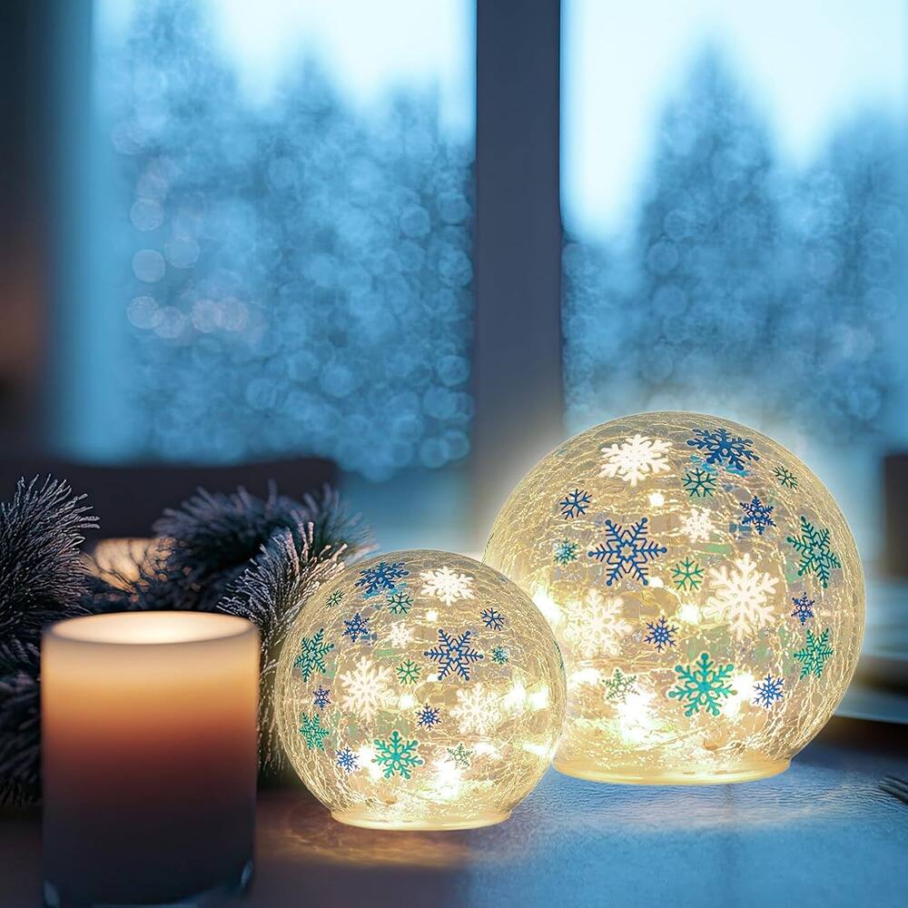 Alt View 1. Schertz - Set of 2 Lighted Glass Crackle Ball Ornaments – LED Snowflake, Battery Operated - multicolor.