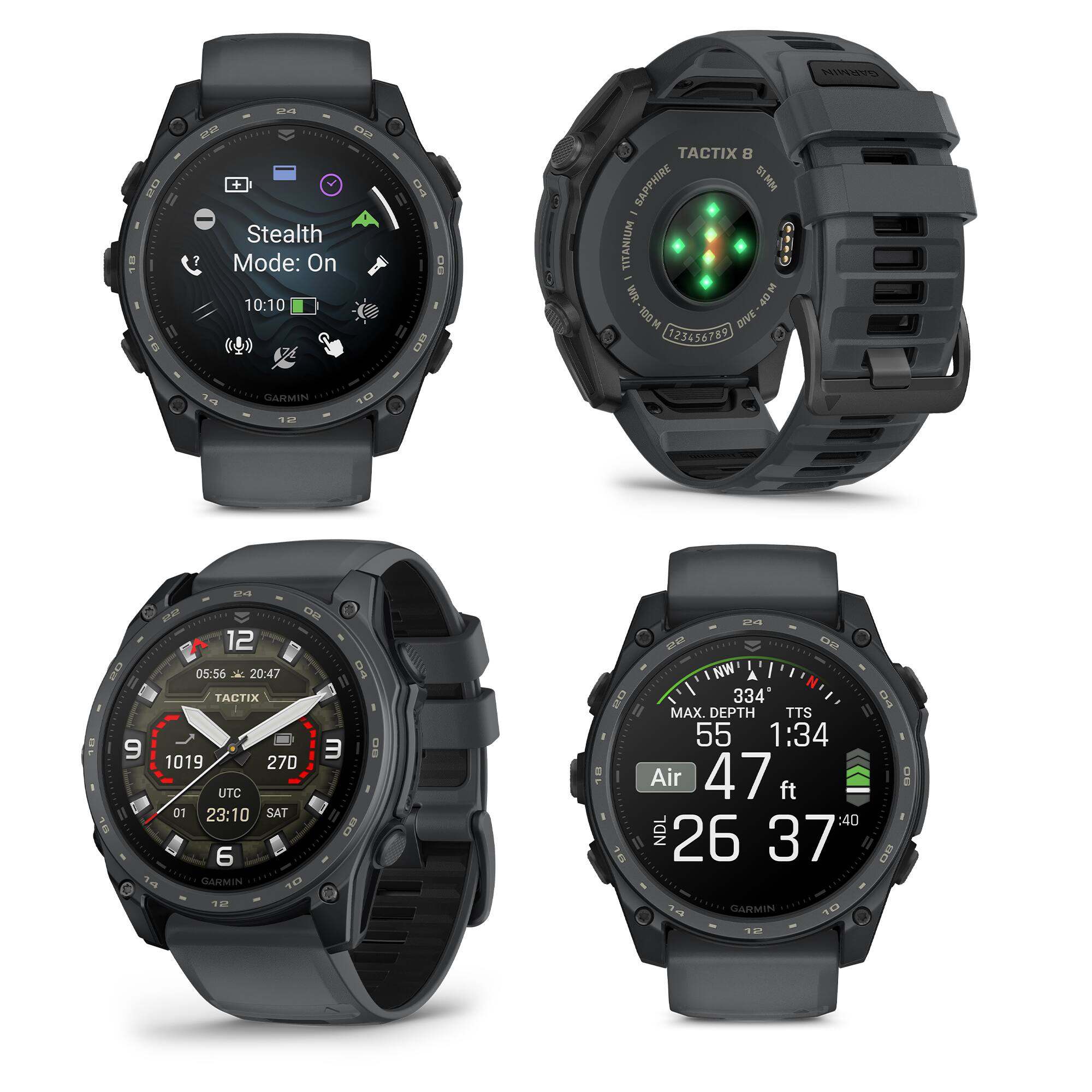 HIMio u72 22 BD I Stealth Mode: On 10:10  
GARMIN D0 0 E B D TACTIX 8 SAPPHIRE WW15 TITANIUM 1 WR 1 100M DIVE 123456789 9 Pa sn ENA 12 05:56 20:47 TACTIX 3 1019 27D UTC 01 23:10 SAT 6 GARMIN B : B L sa S A 334 MAX. DEPTH TTS 55 1:34 Air 47 ft :40 NDL 26 37 B B0 14 12 GARMIN 1