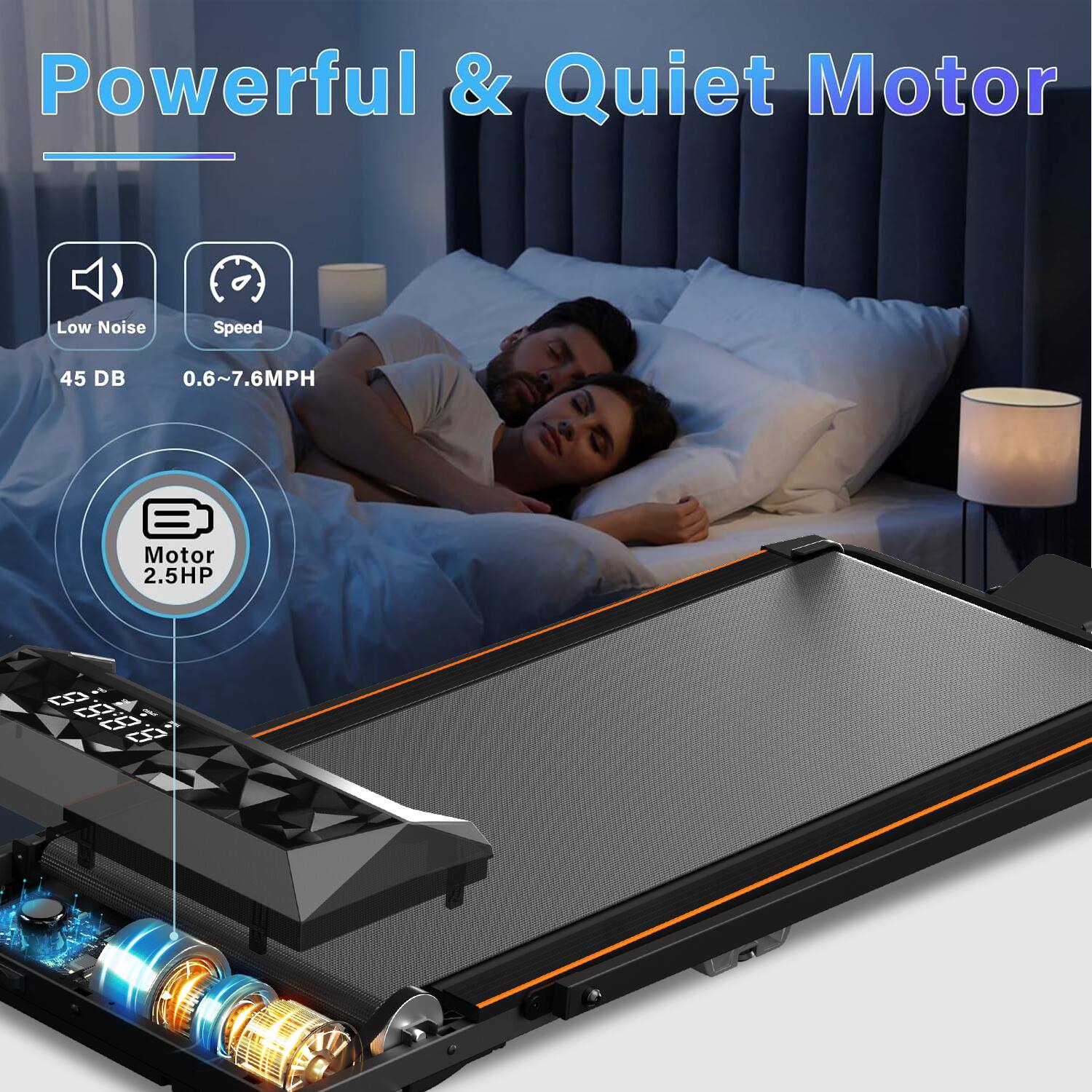 Powerful & Quiet Motor

Low Noise  
45 DB

Speed  
0.6~7.6MPH

Motor  
2.5HP