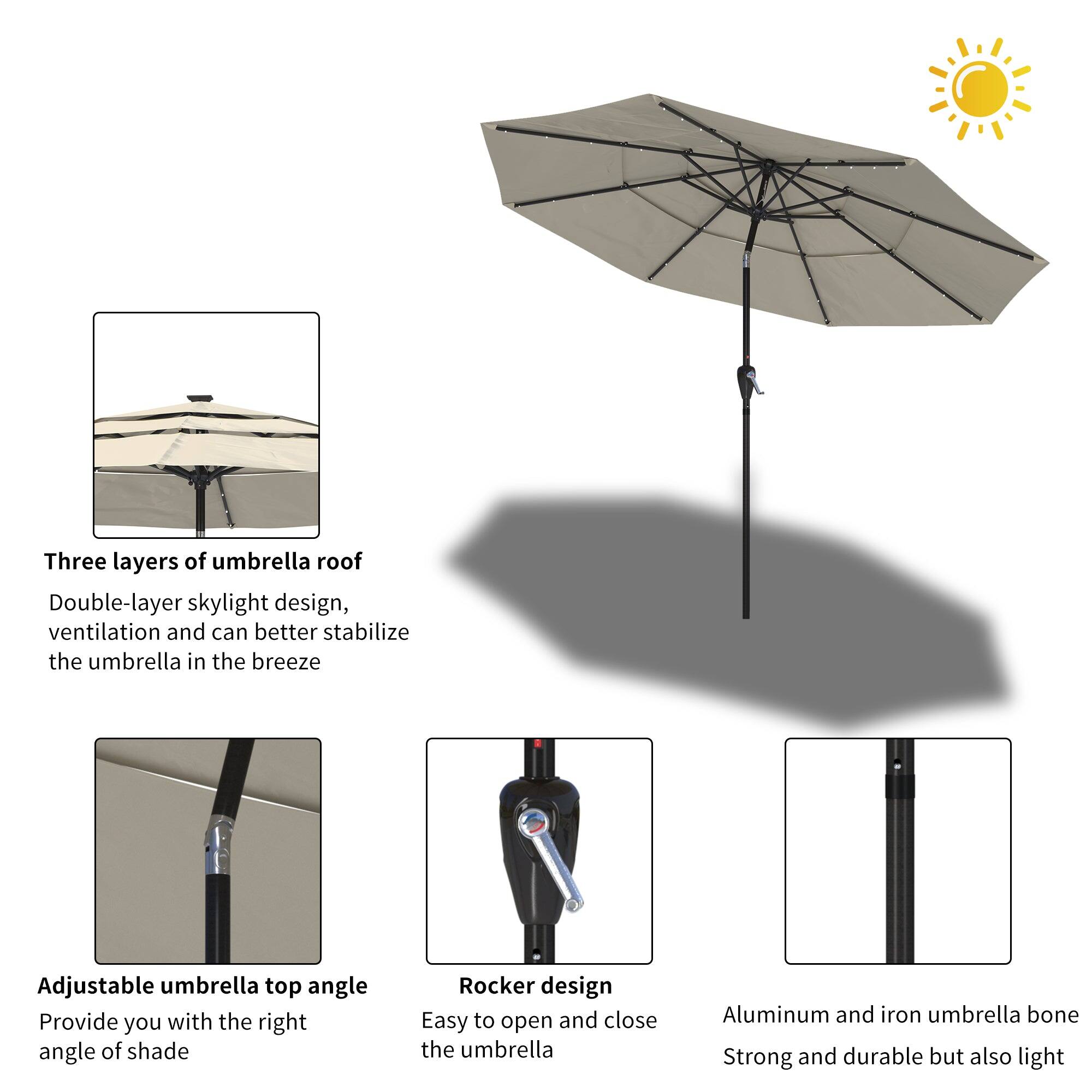 Three layers of umbrella roof  
Double-layer skylight design, ventilation and can better stabilize the umbrella in the breeze  

Adjustable umbrella top angle  
Provide you with the right angle of shade  

Rocker design  
Easy to open and close the umbrella  

Aluminum and iron umbrella bone  
Strong and durable but also light