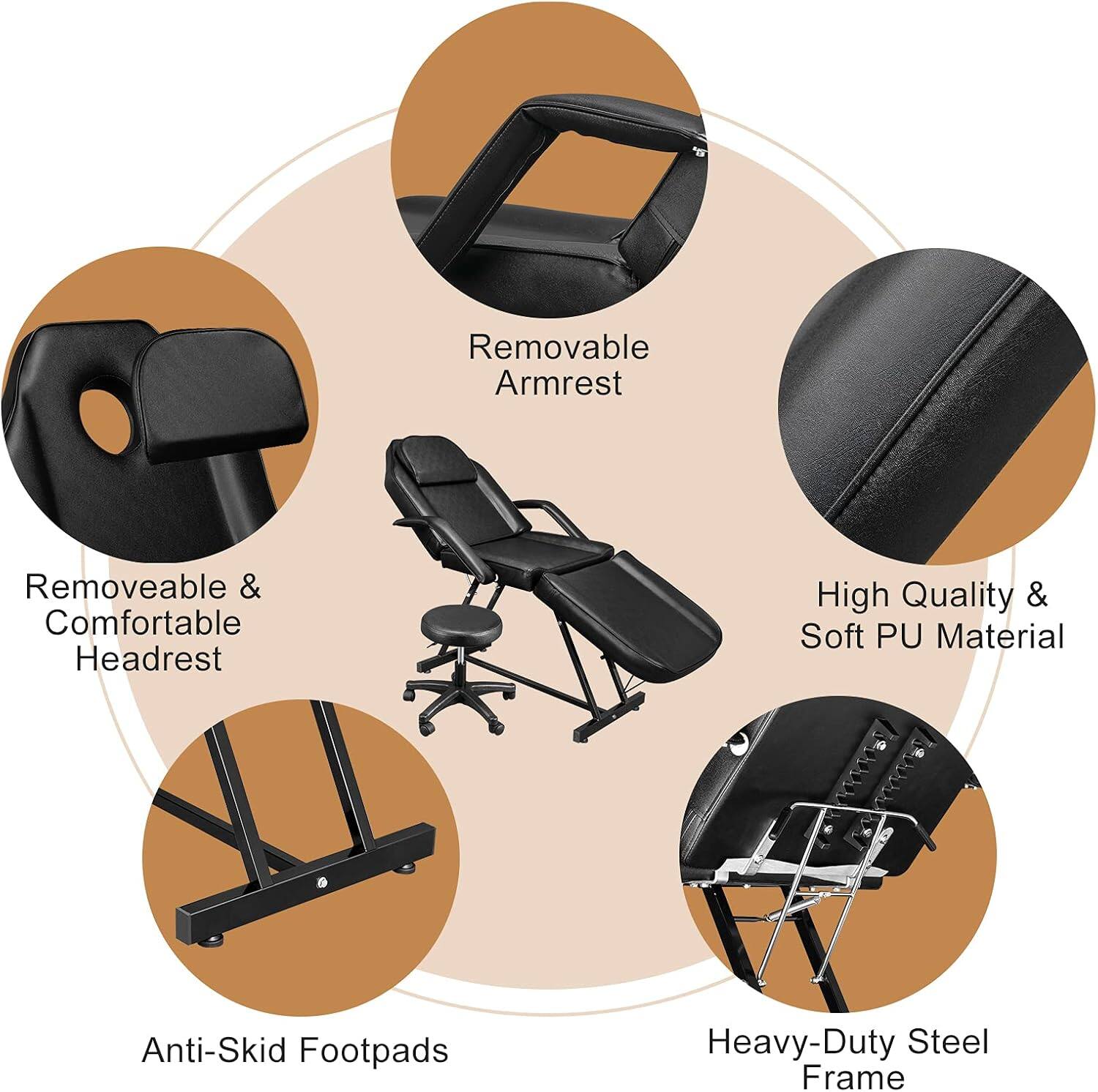 - Removable Armrest
- Removeable & Comfortable Headrest
- High Quality & Soft PU Material
- Anti-Skid Footpads
- Heavy-Duty Steel Frame