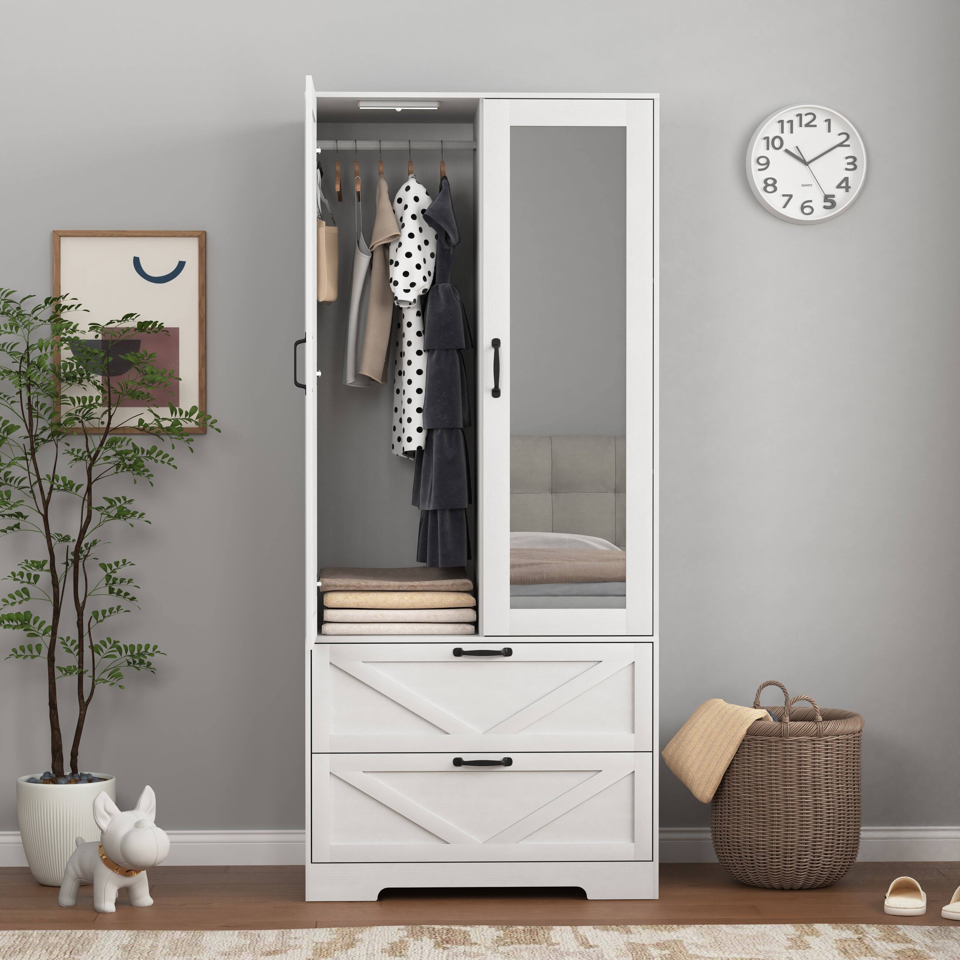 Left. Z-Edge - Wooden Armoire Wardrobe with Mirror and 2 Drawers, 2 Doors, 71.7" Tall Freestanding Clothing Storage Cabinet for Bedroom - White.