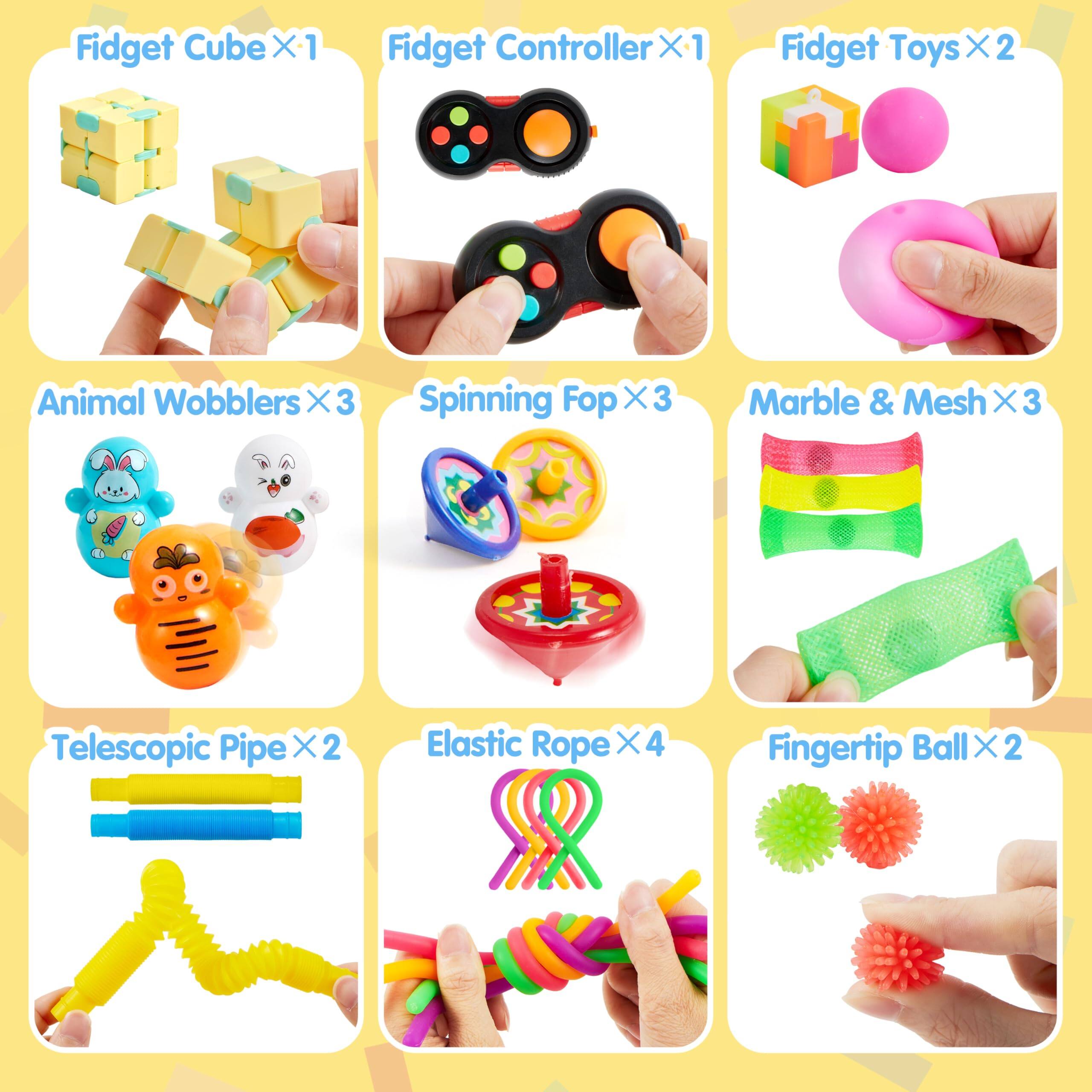 Fidget Cube X-1  
Fidget Controller X 1  
Fidget Toys X 2  
Animal Wobblers X 3  
Spinning Fop X 3  
Marble & Mesh X 3  
Telescopic Pipe X 2  
Elastic Rope X 4  
Fingertip Ball X 2
