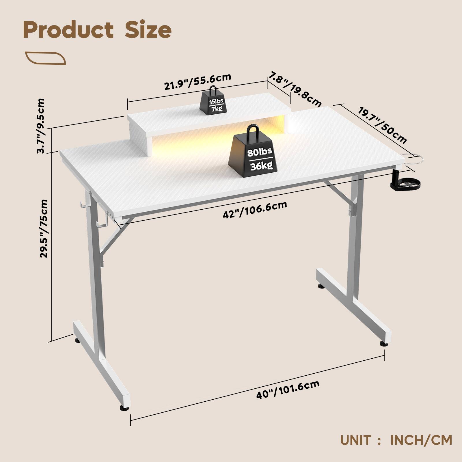 Product Size

- Length: 42"/106.6cm
- Width: 40"/101.6cm
- Height: 29.5"/75cm
- Depth: 21.9"/55.6cm
- Thickness: 3.7"/9.5cm
- Weight Capacity: 80lbs / 36kg
- Load Capacity: 15lbs / 7kg

UNIT: INCH/CM