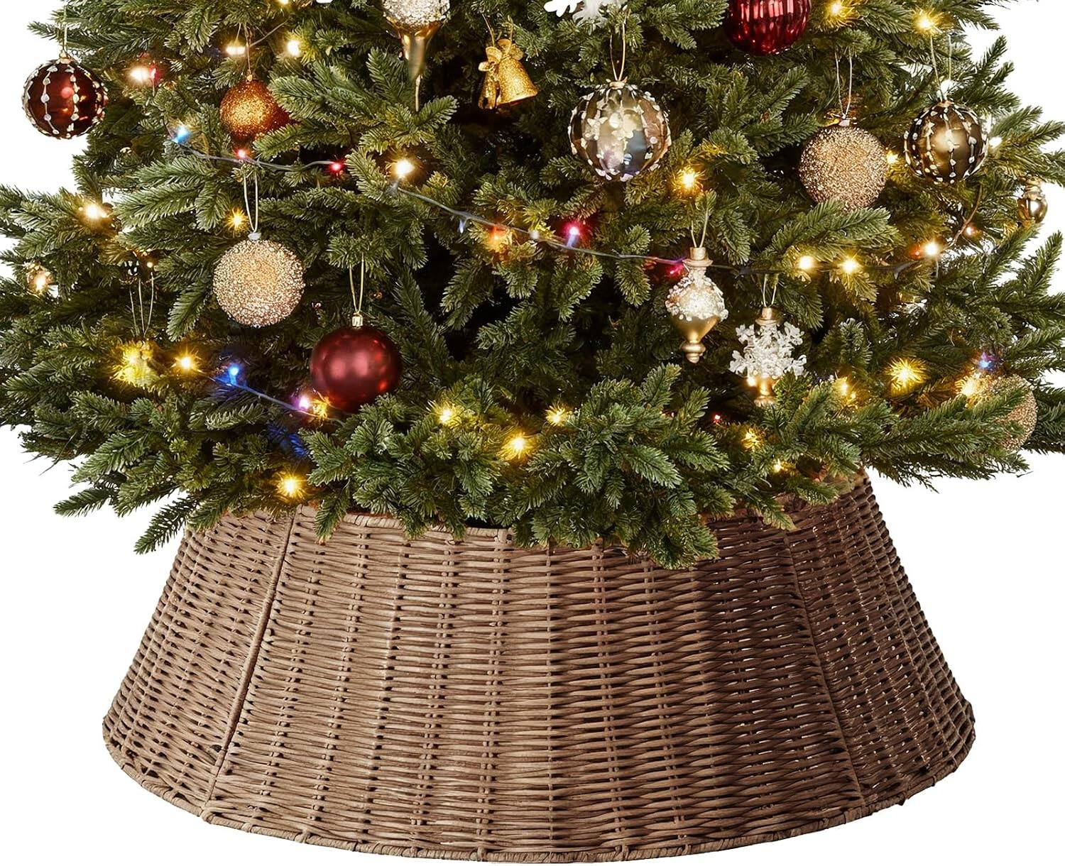Angle. Sweet - 27 in Christmas Tree Collar for 6-8.5ft Trees, Wicker Tree Base Cover, Basket Ring for Artificial Trees - Brown.