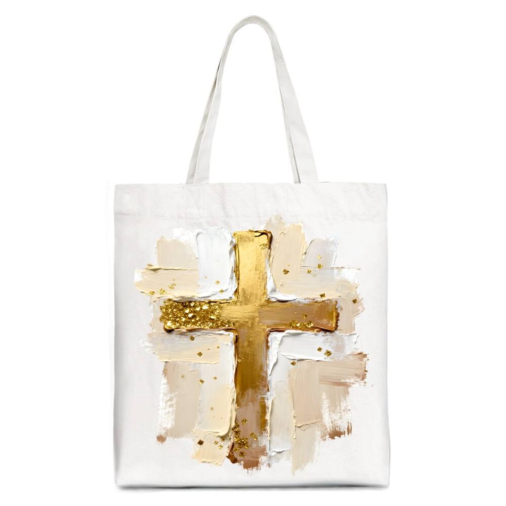 OrnamentallyYou - Oil Brushstroke Cross Canvas Tote Bag, Christian Faith Jesus Easter Gift Shopper - White