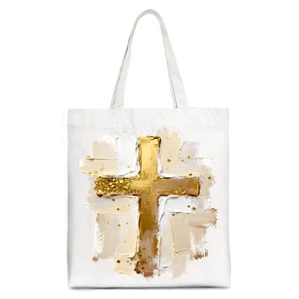 Front. OrnamentallyYou - Oil Brushstroke Cross Canvas Tote Bag, Christian Faith Jesus Easter Gift Shopper - White.