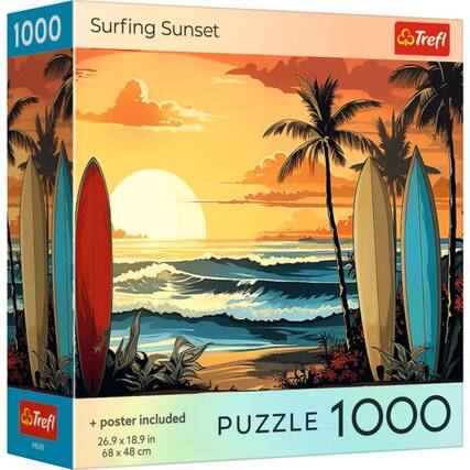 1000 Surfing Sunset
Trefl 99293
+ poster included
PUZZLE 1000
26.9 x 18.9 in
68 x 48 cm