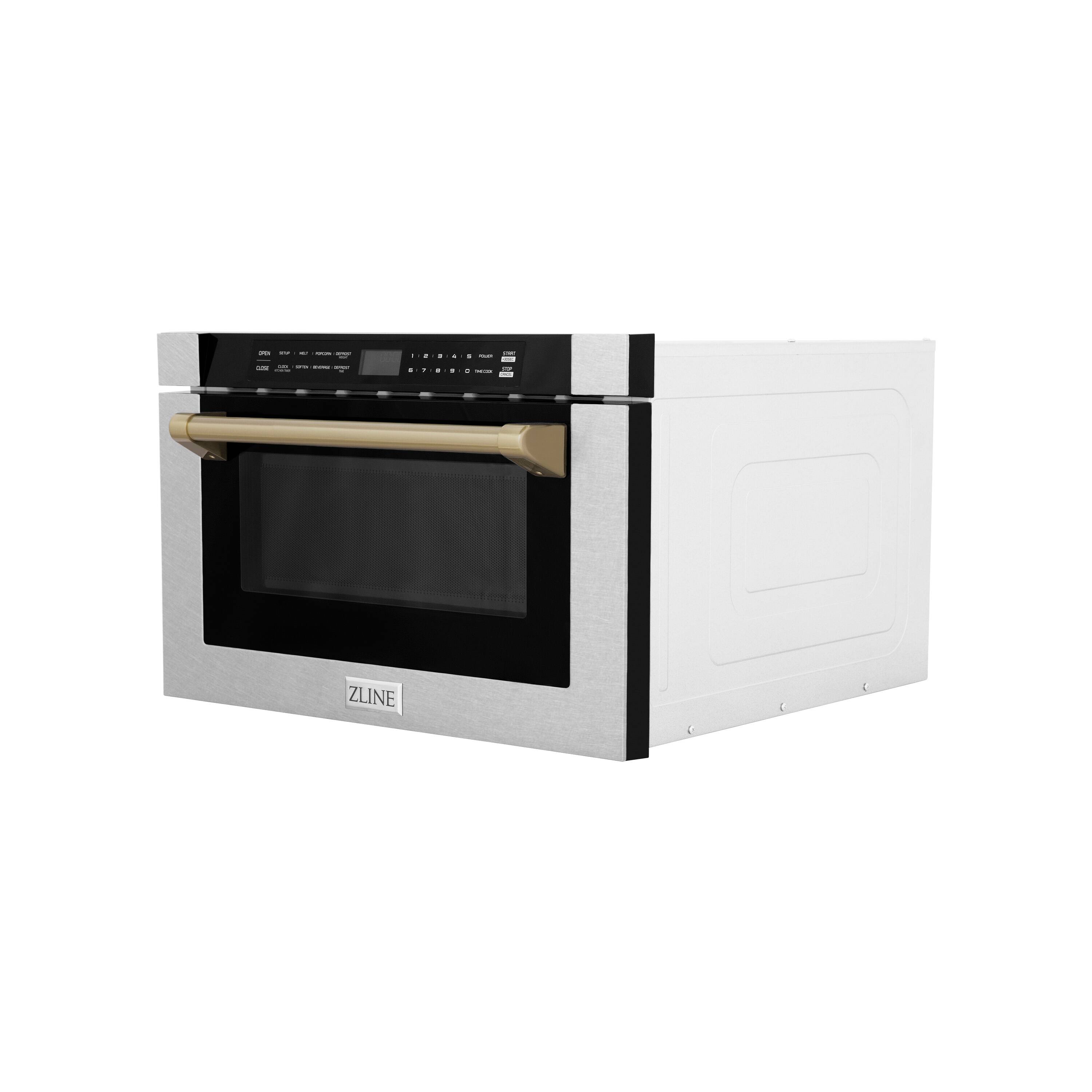 Angle. ZLINE - ZLINE Autograph 24 in. Microwave Drawer with Traditional Handle in Satin Steel and Bronze Accents - Stainless Steel and Champagne Bronze Accents.