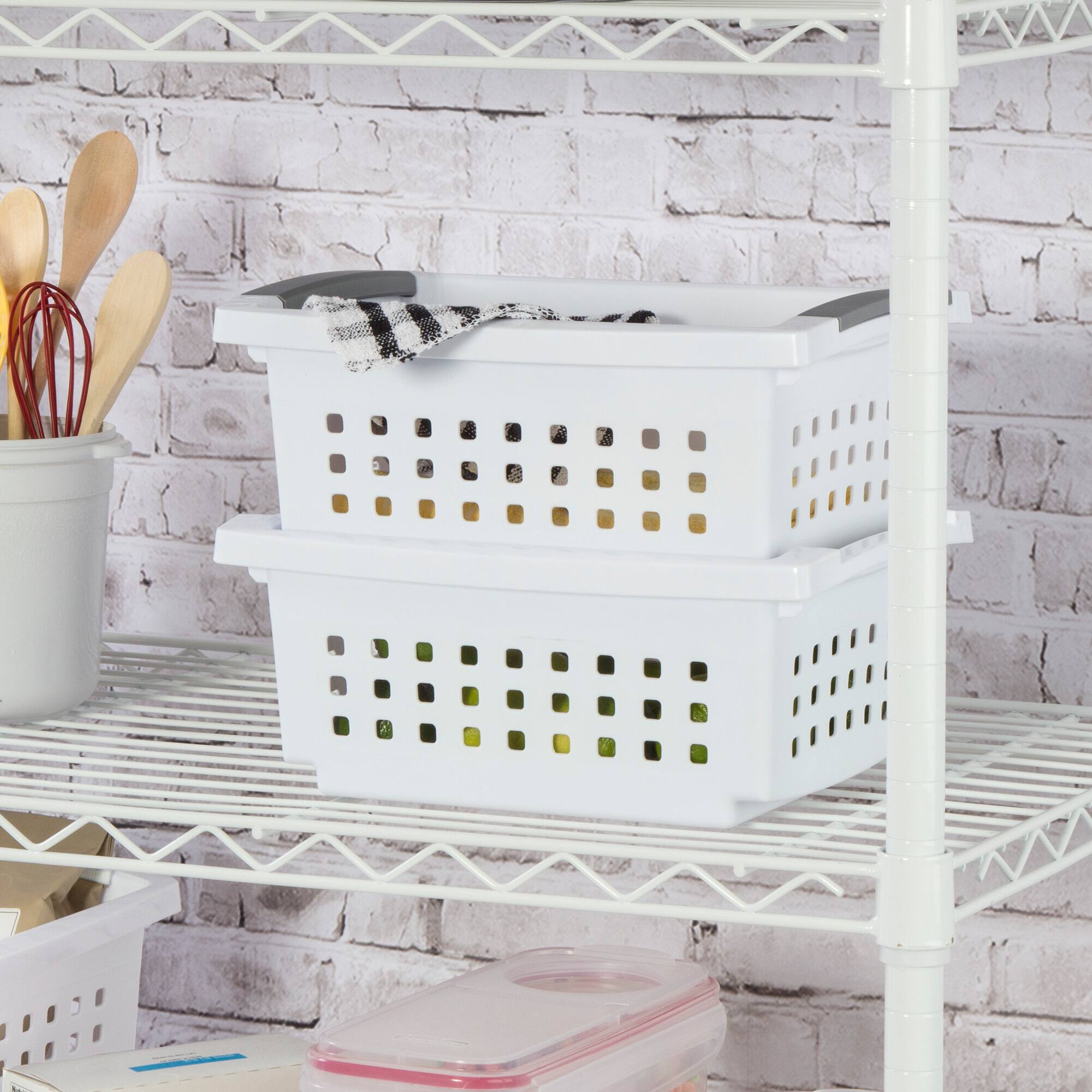 Alt View 7. Sterilite - Sterilite Small Stacking Basket, Open Top Storage Bin w/ Handles, 8 Pack, White - White.