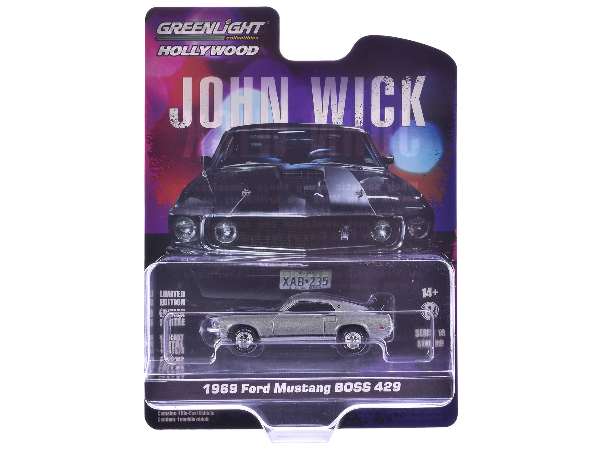 GREENLIGHT collectibles HOLLYWOOD JOHN WICK LIMITED EDITION EE FION 1 HTEE HCAST TAL SSIS VER Noo N  
235 FROA SEATE 14+ SERE 18 SERI 8 LEAT 1969 Ford Mustang BOSS 429  
Contains: 1 Die-Cast Vehicle  
Comtient: modele rdult