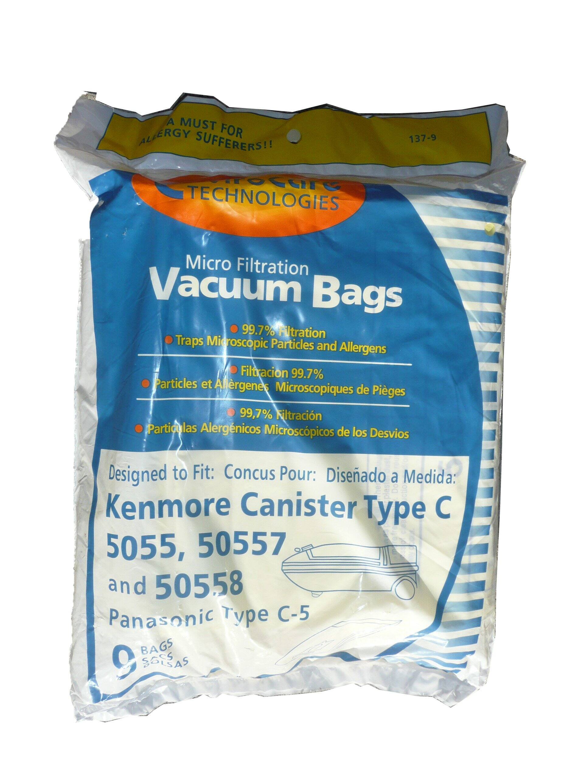 A MUST FOR ALLERGY SUFFERERS!!  
137-9 TECHNOLOGIES  

Micro Filtration Vacuum Bags  
99.7% Filtration Traps Microscopic Particles and Allergens  
Filtración 99.7% Partículas et Allergenes Microscopiques de Piges  
99,7% Filtración Partículas Alergénicos Microscópicos de los Desvios  

Designed to Fit:  
Kenmore Canister Type C  
5055, 50557 and 50558  
Panasonic Type C-5  

9 BAGS / 9 SACS