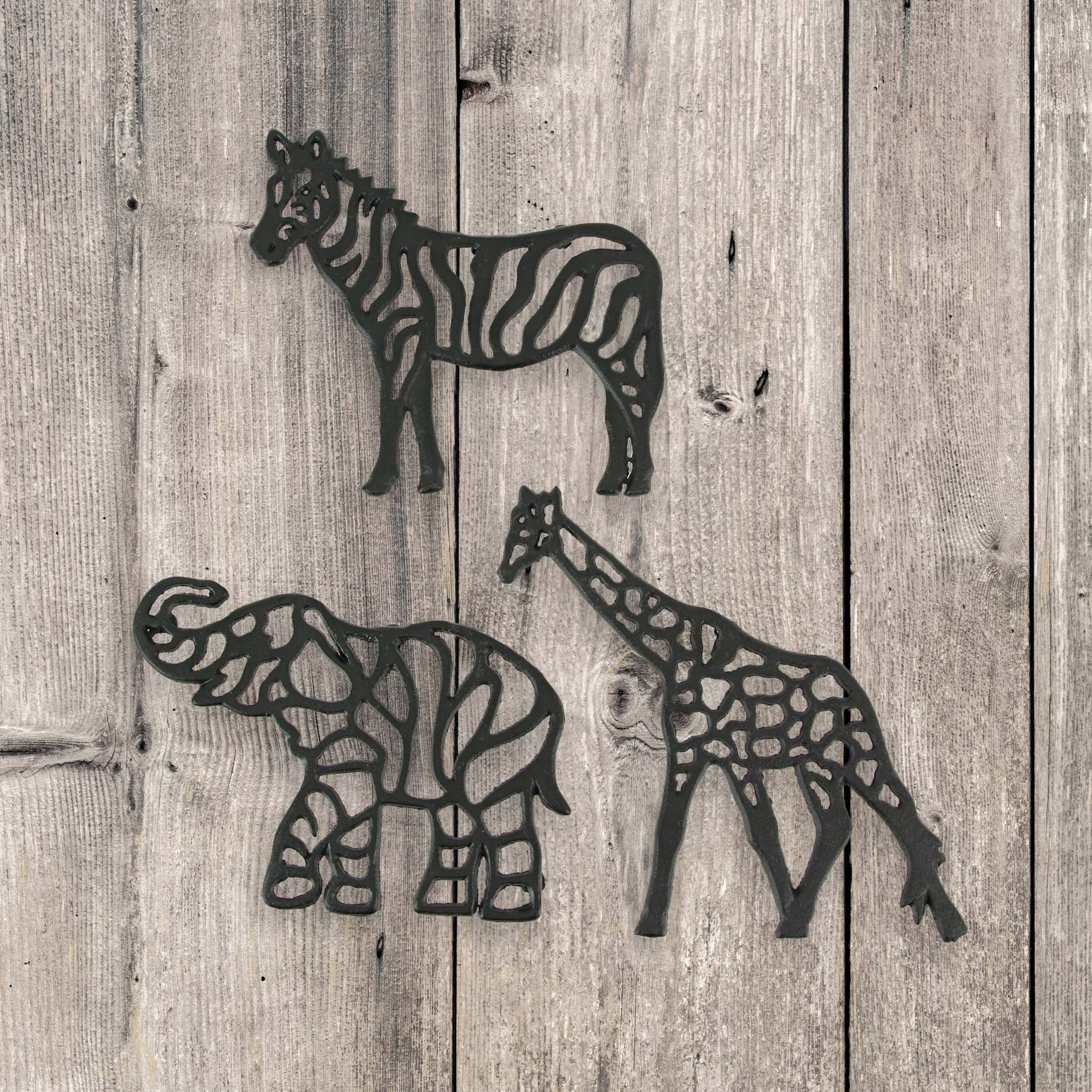 Alt View 5. Zeckos - Set of 3 Black Cast Iron Safari Animal Kitchen Decor Trivets Wall Hanging Art - Black.
